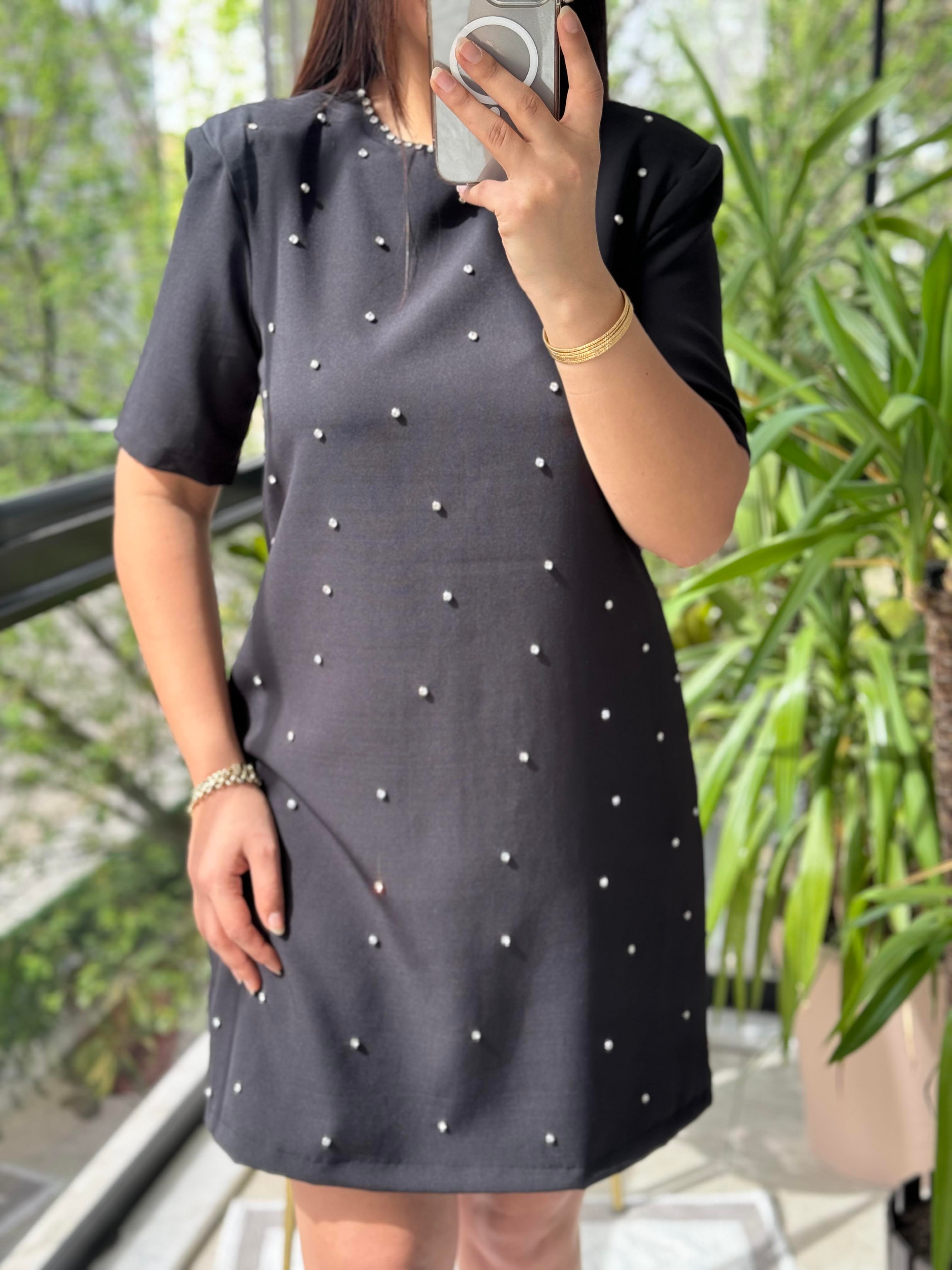 Taşlı Kısa Elbise Siyah