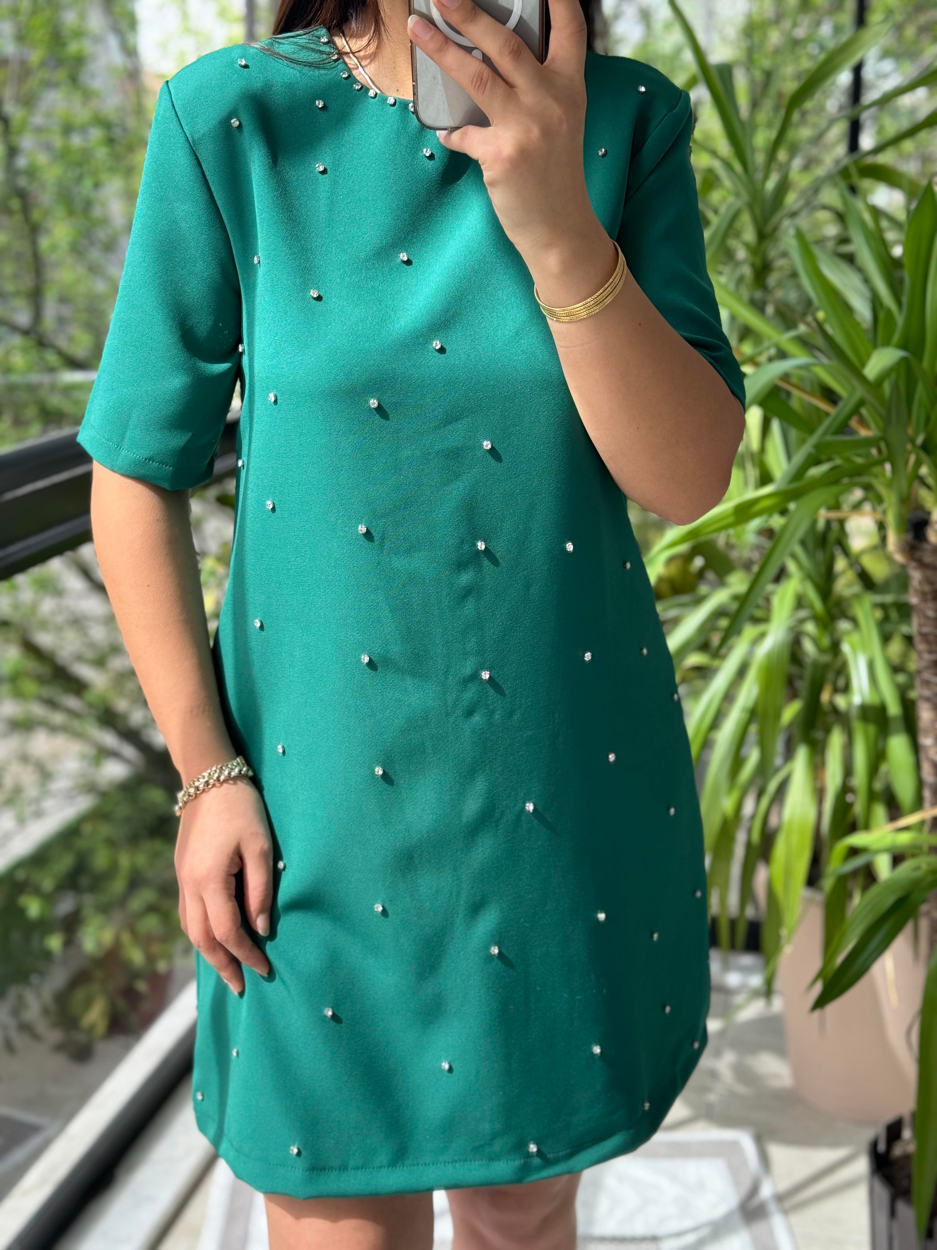 Taşlı Kısa Elbise Zümrüt