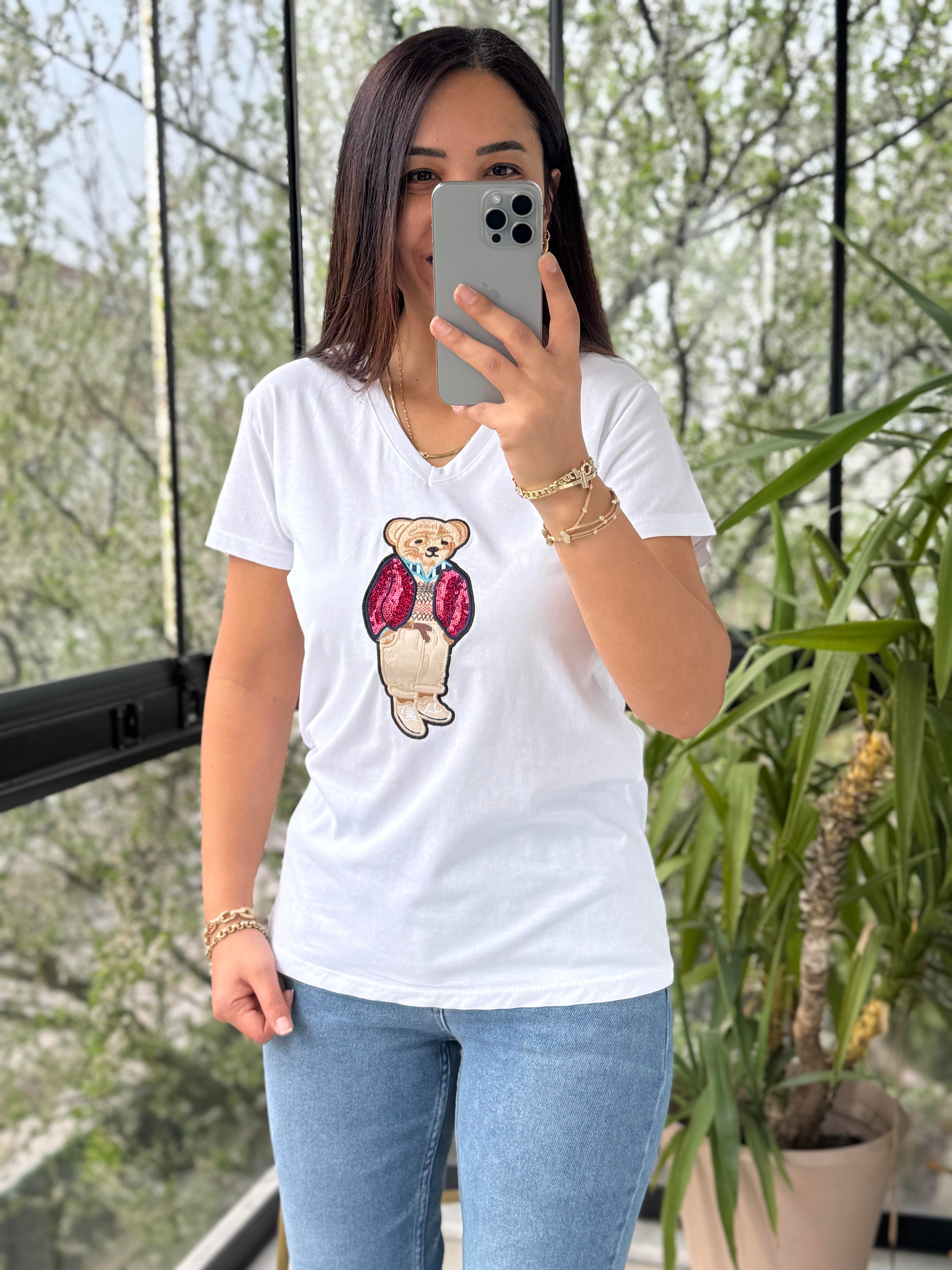 Teddy Nakışlı Tişört Beyaz