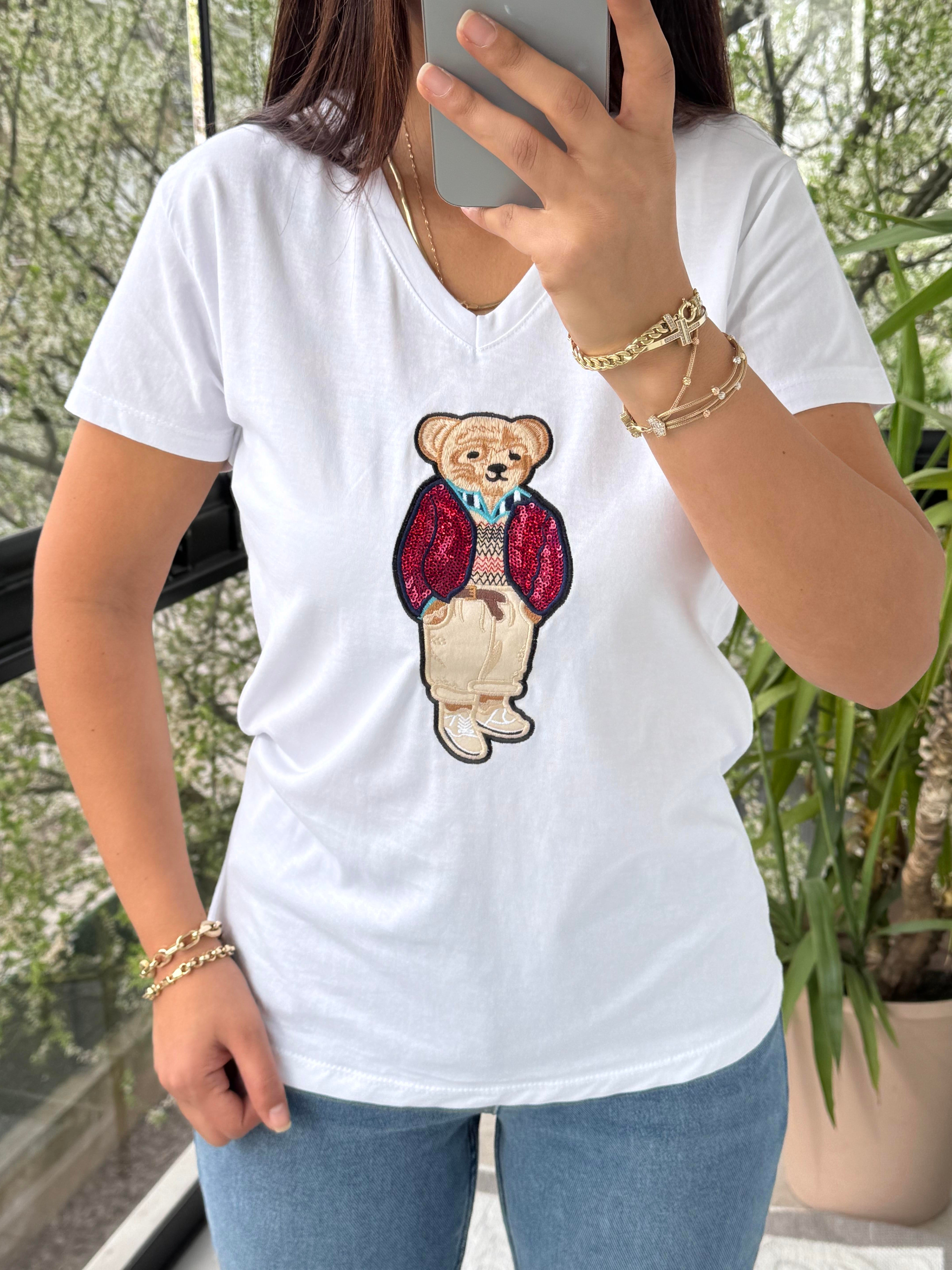 Teddy Nakışlı Tişört Beyaz