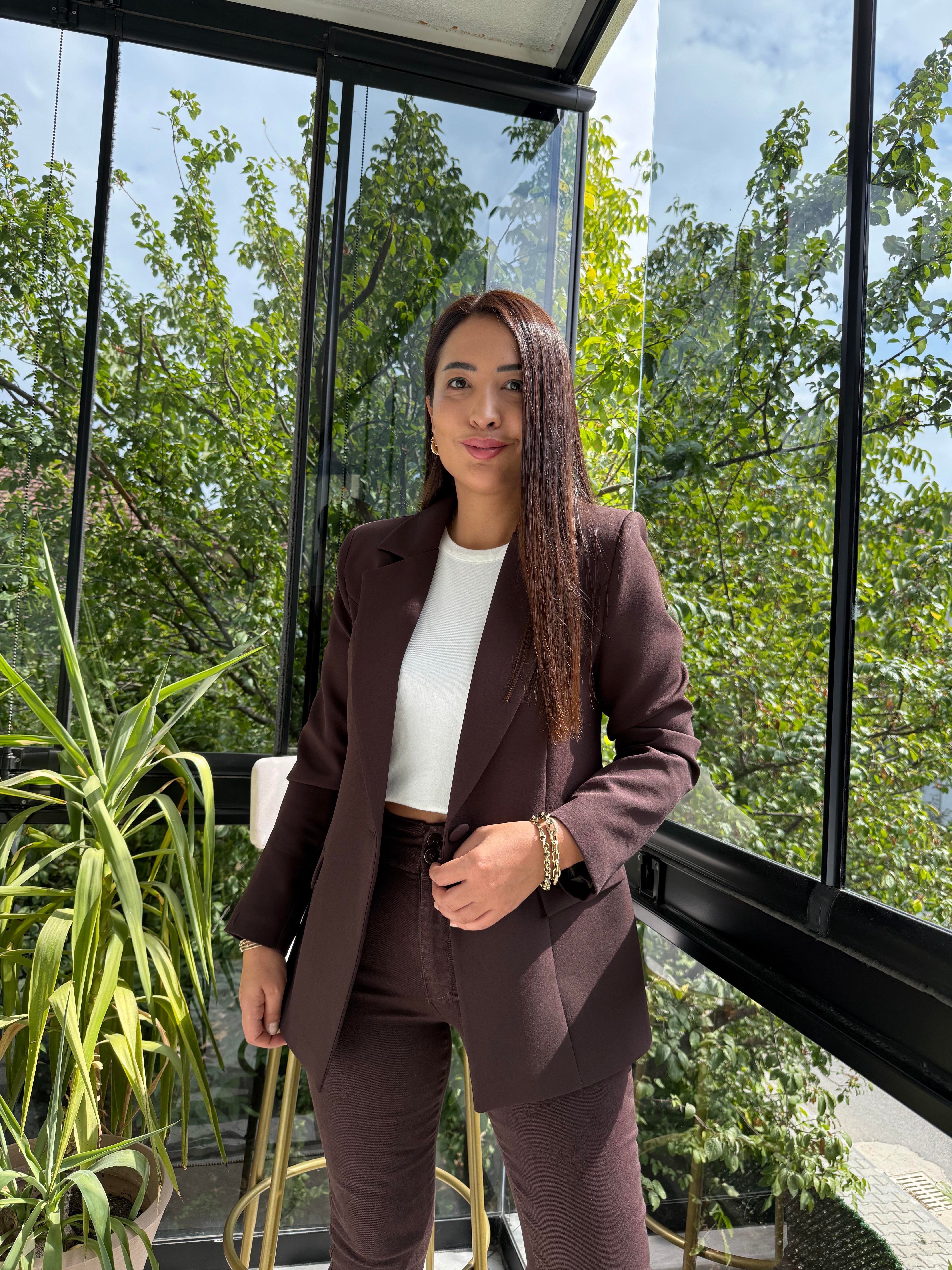 Tek Düğme Blazer Ceket Kahve