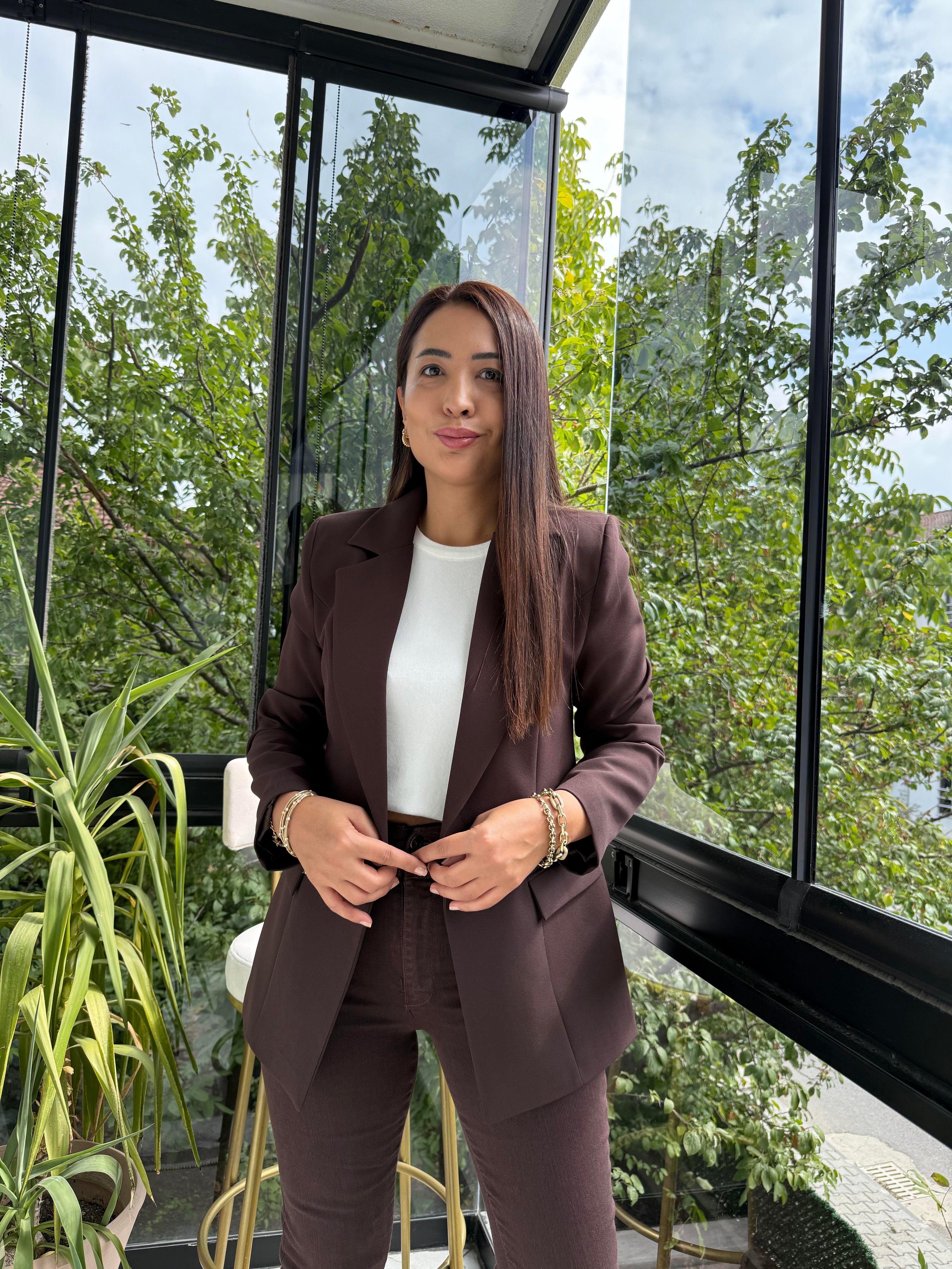 Tek Düğme Blazer Ceket Kahve
