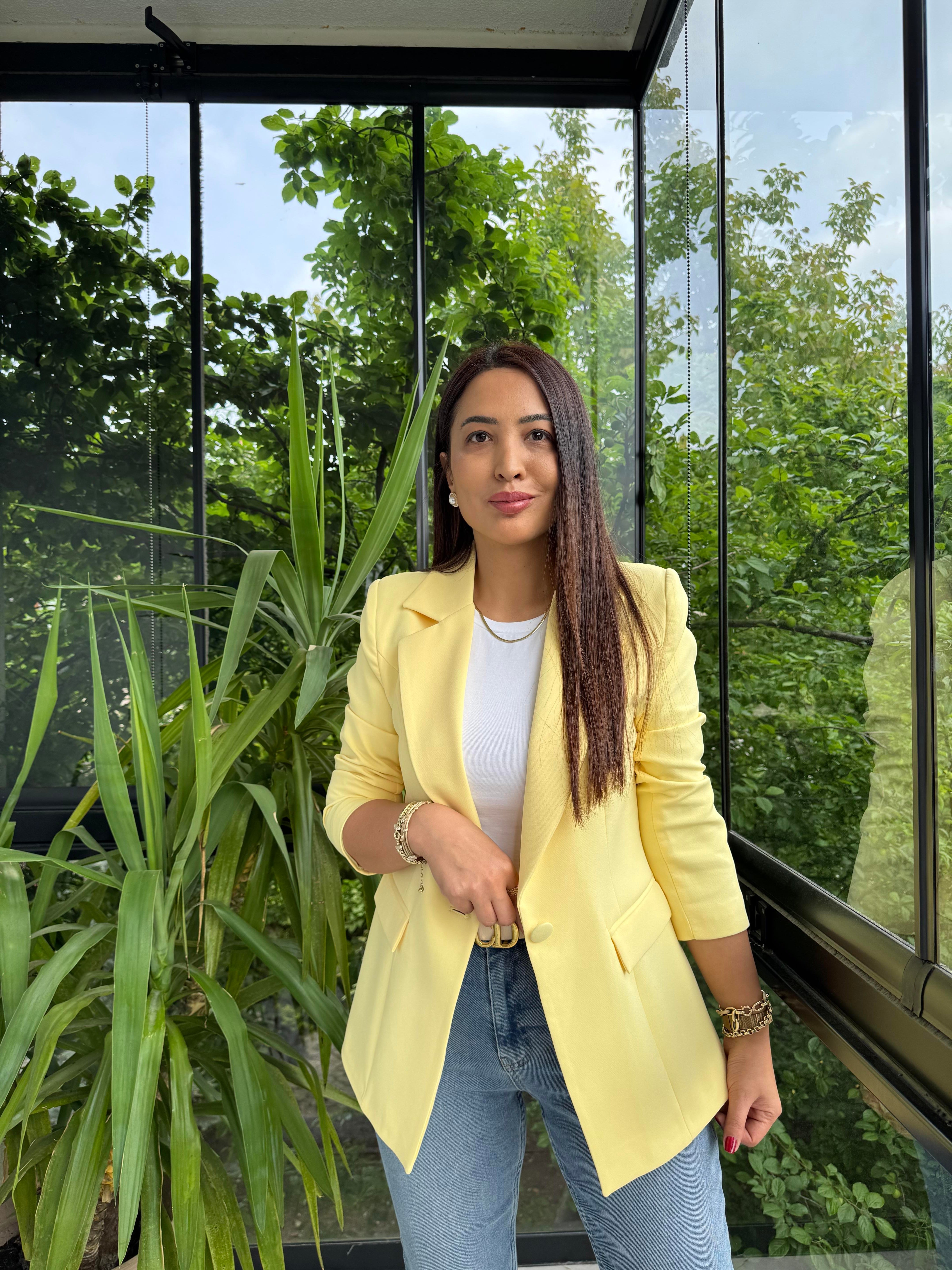 Tek Düğme Blazer Ceket Sarı