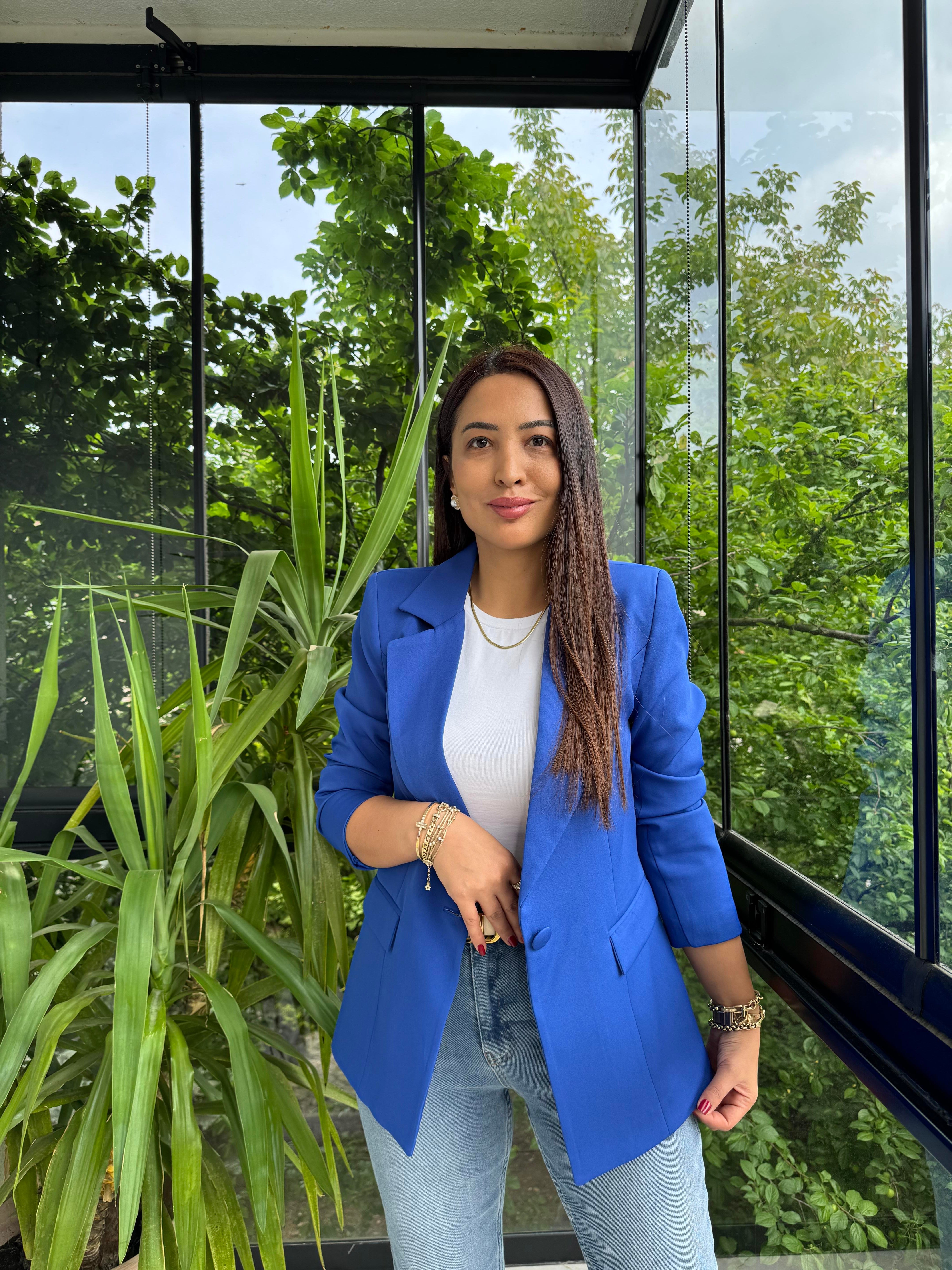 Tek Düğme Blazer Ceket Sax Mavi
