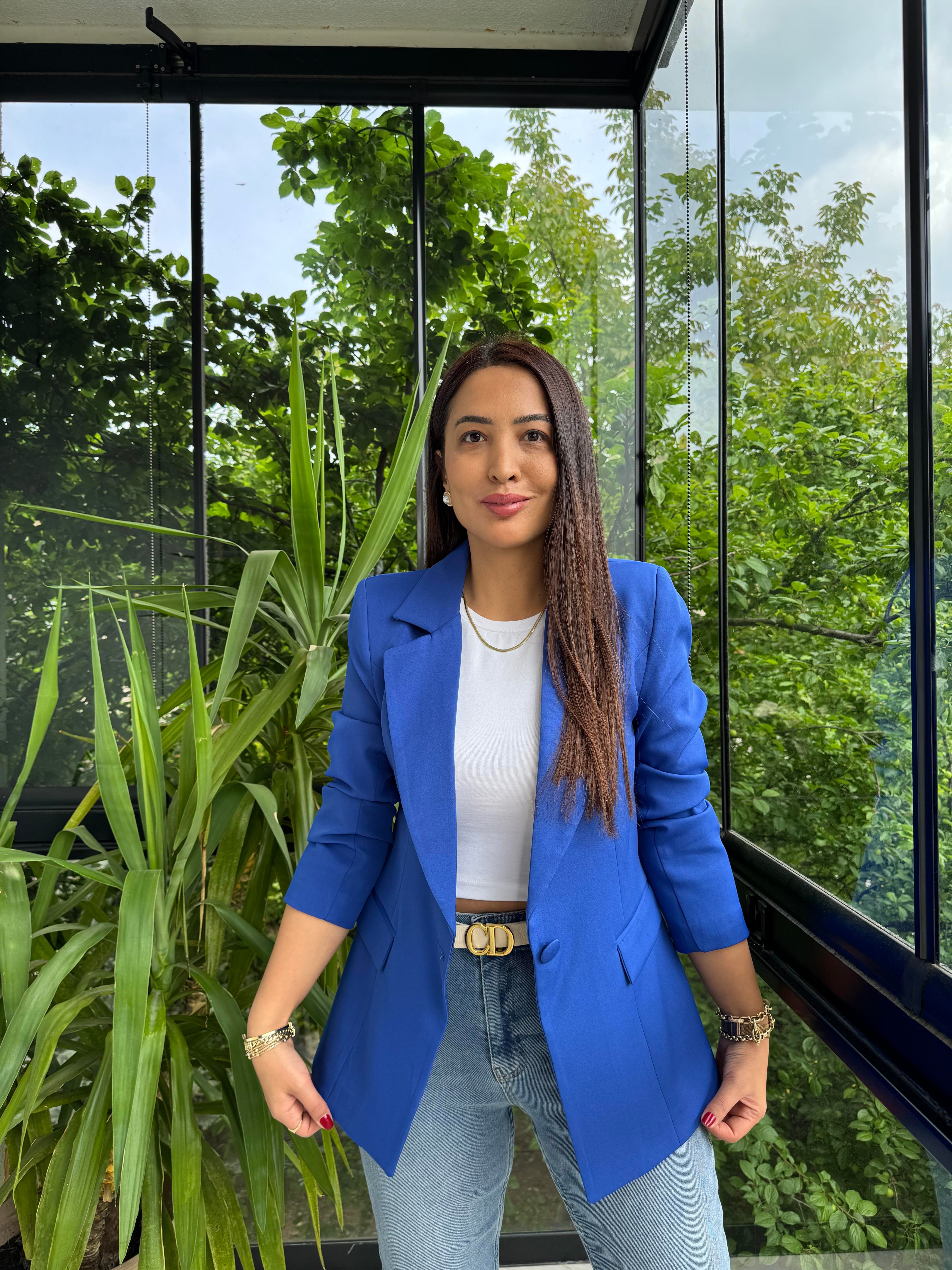 Tek Düğme Blazer Ceket Sax Mavi