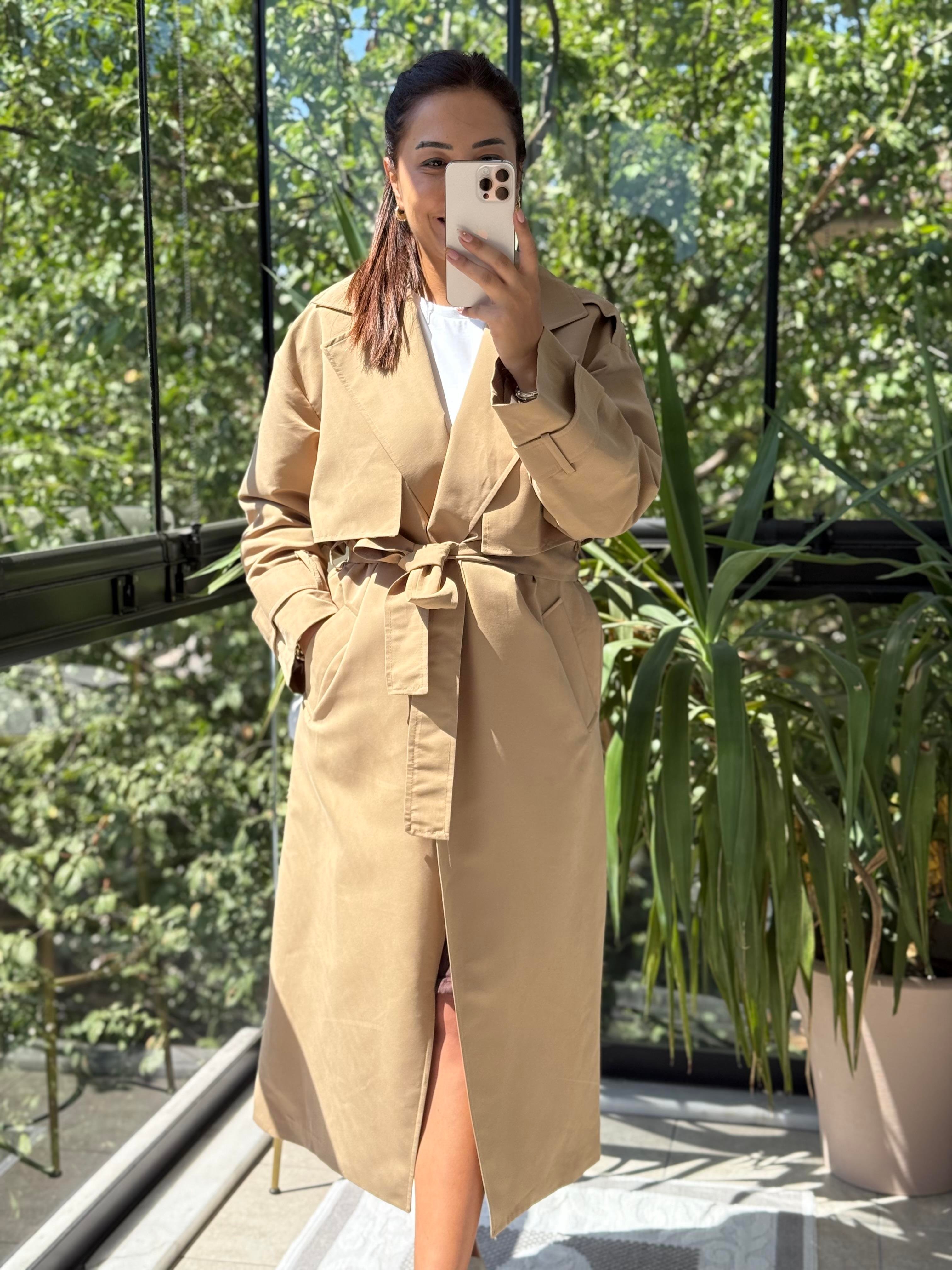 Tek Düğme Kuşaklı Uzun Trenç Camel