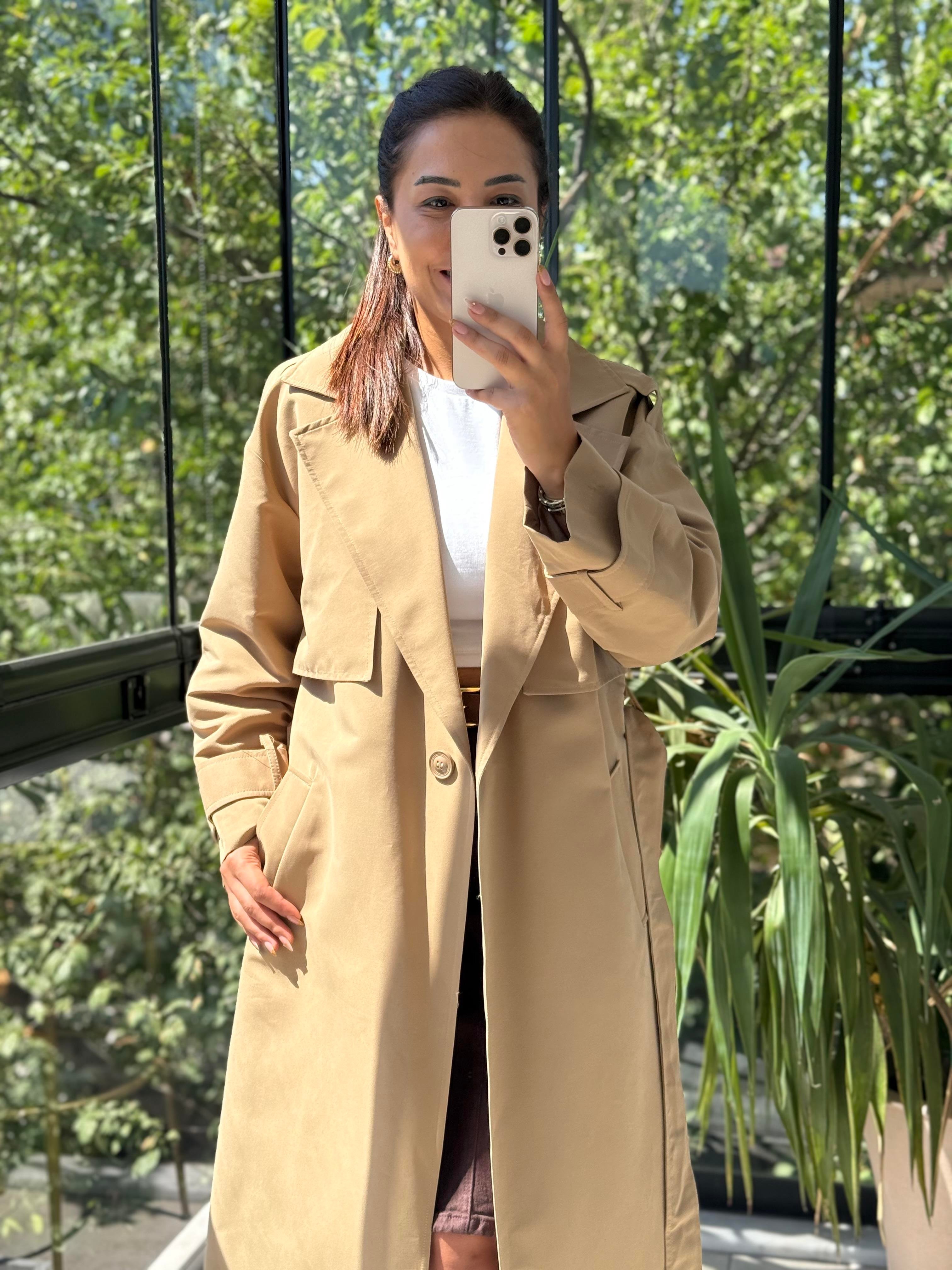 Tek Düğme Kuşaklı Uzun Trenç Camel