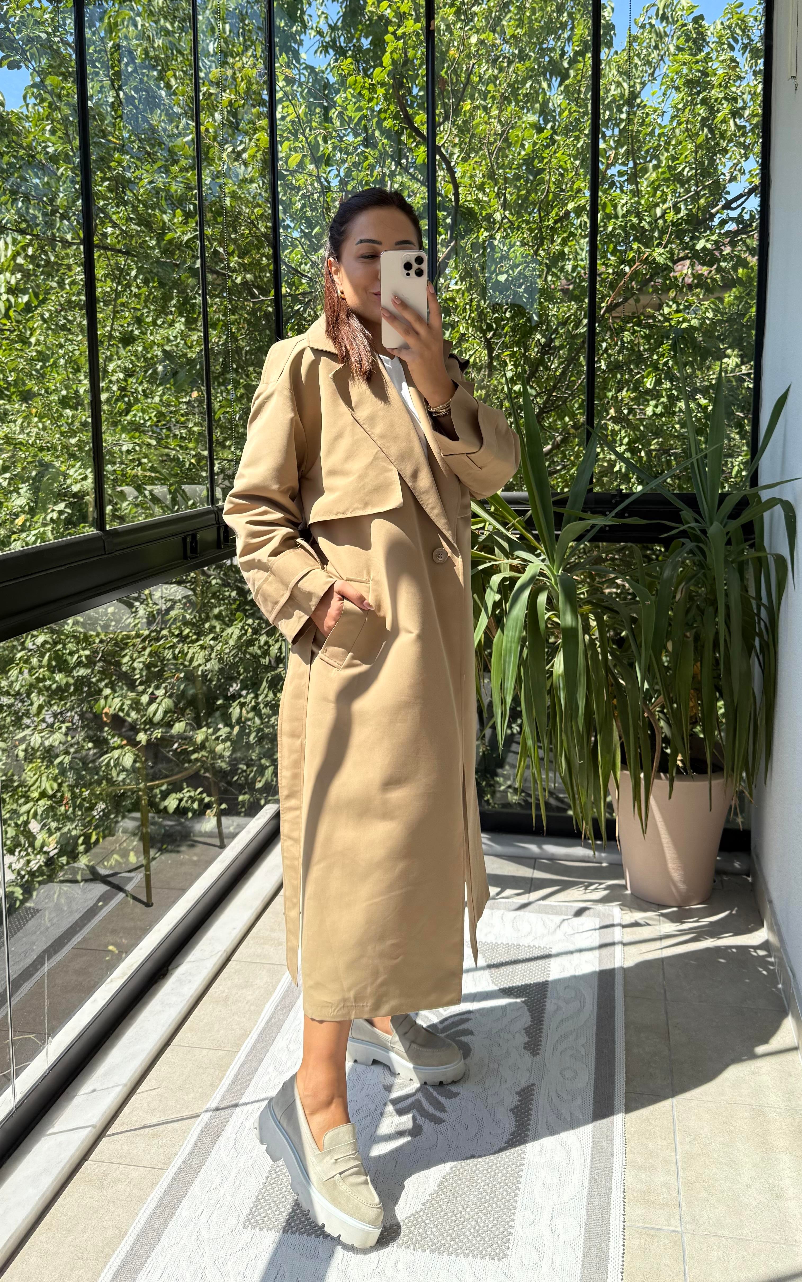 Tek Düğme Kuşaklı Uzun Trenç Camel