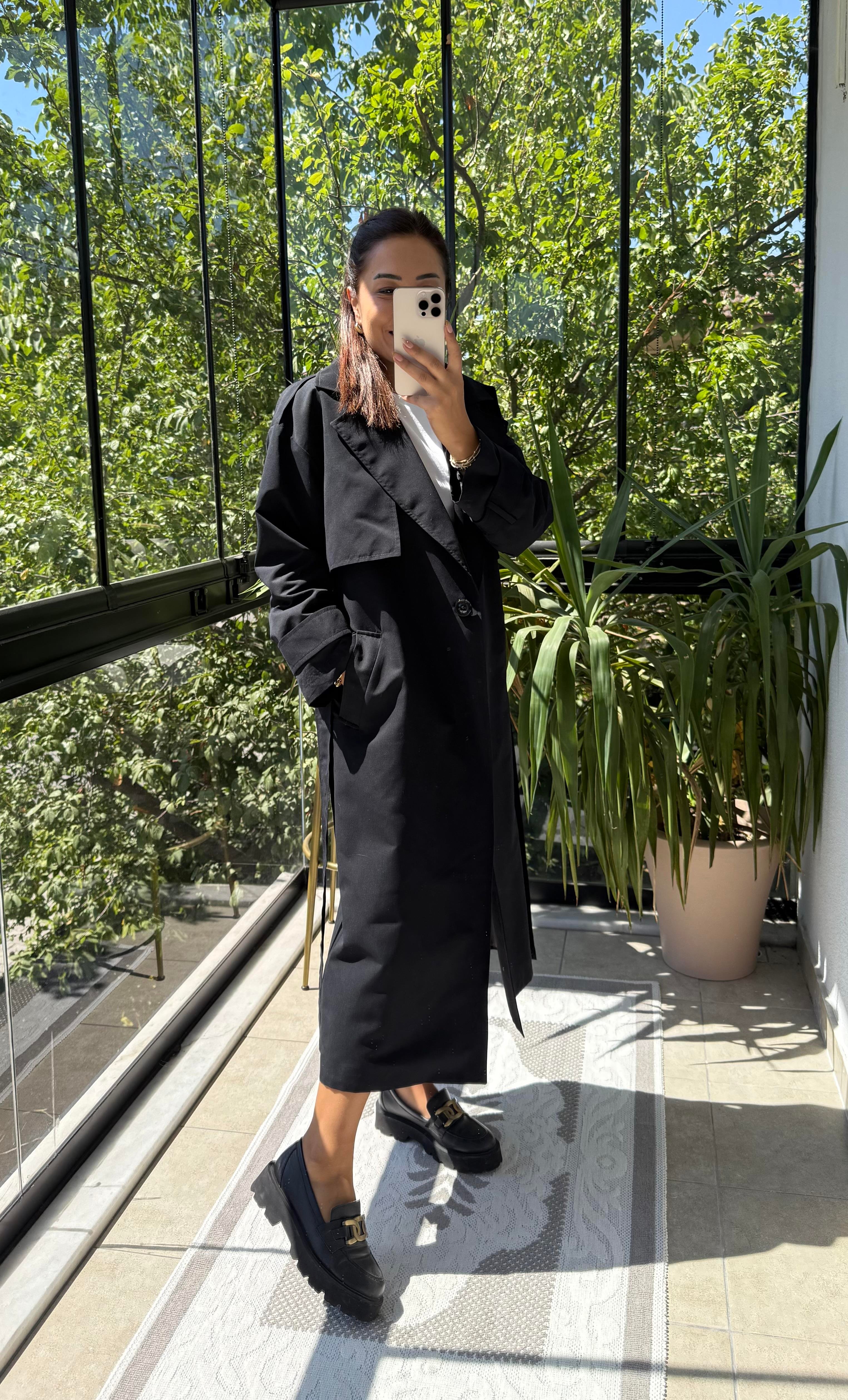 Tek Düğme Kuşaklı Uzun Trenç Siyah 