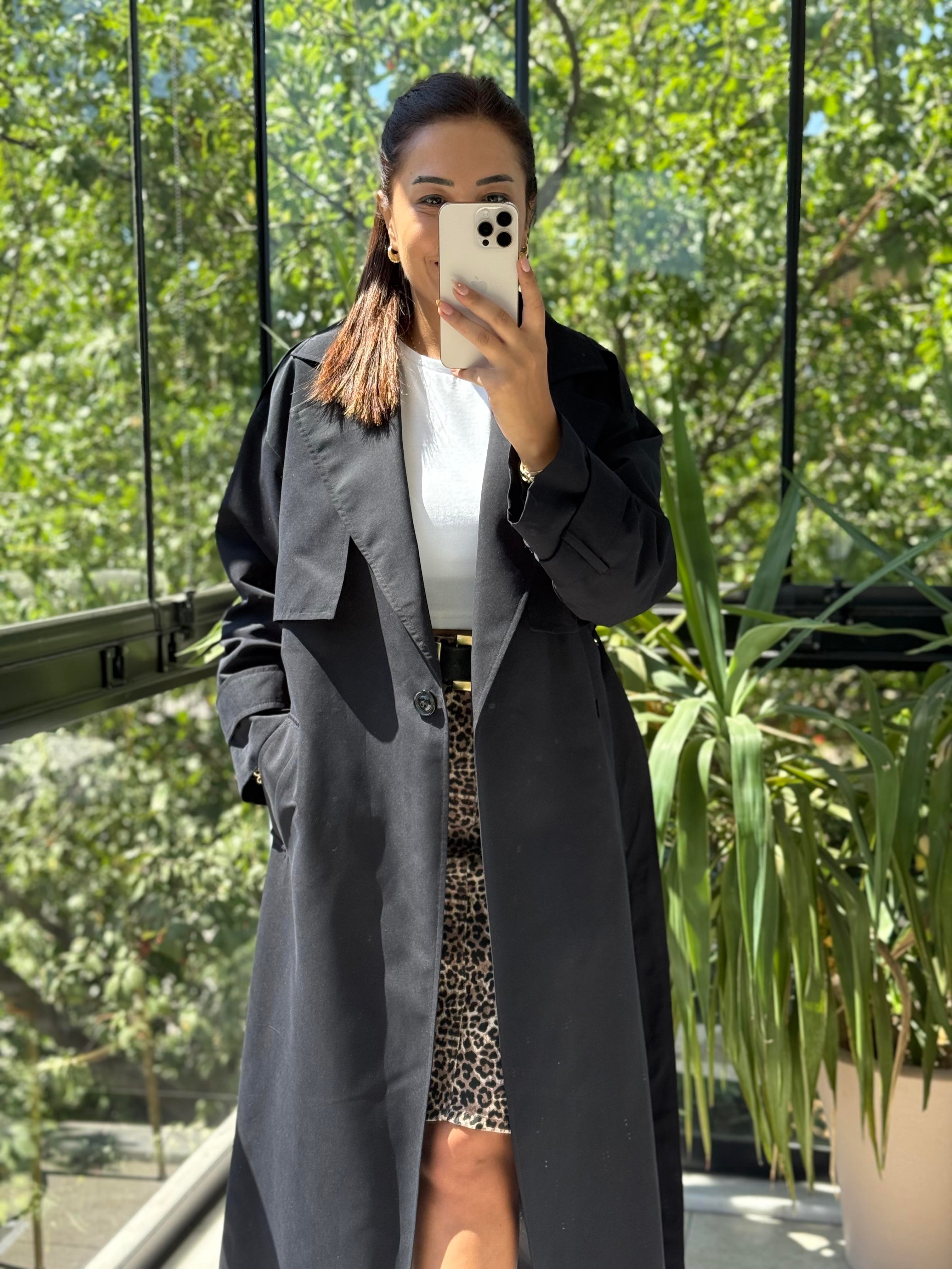 Tek Düğme Kuşaklı Uzun Trenç Siyah 