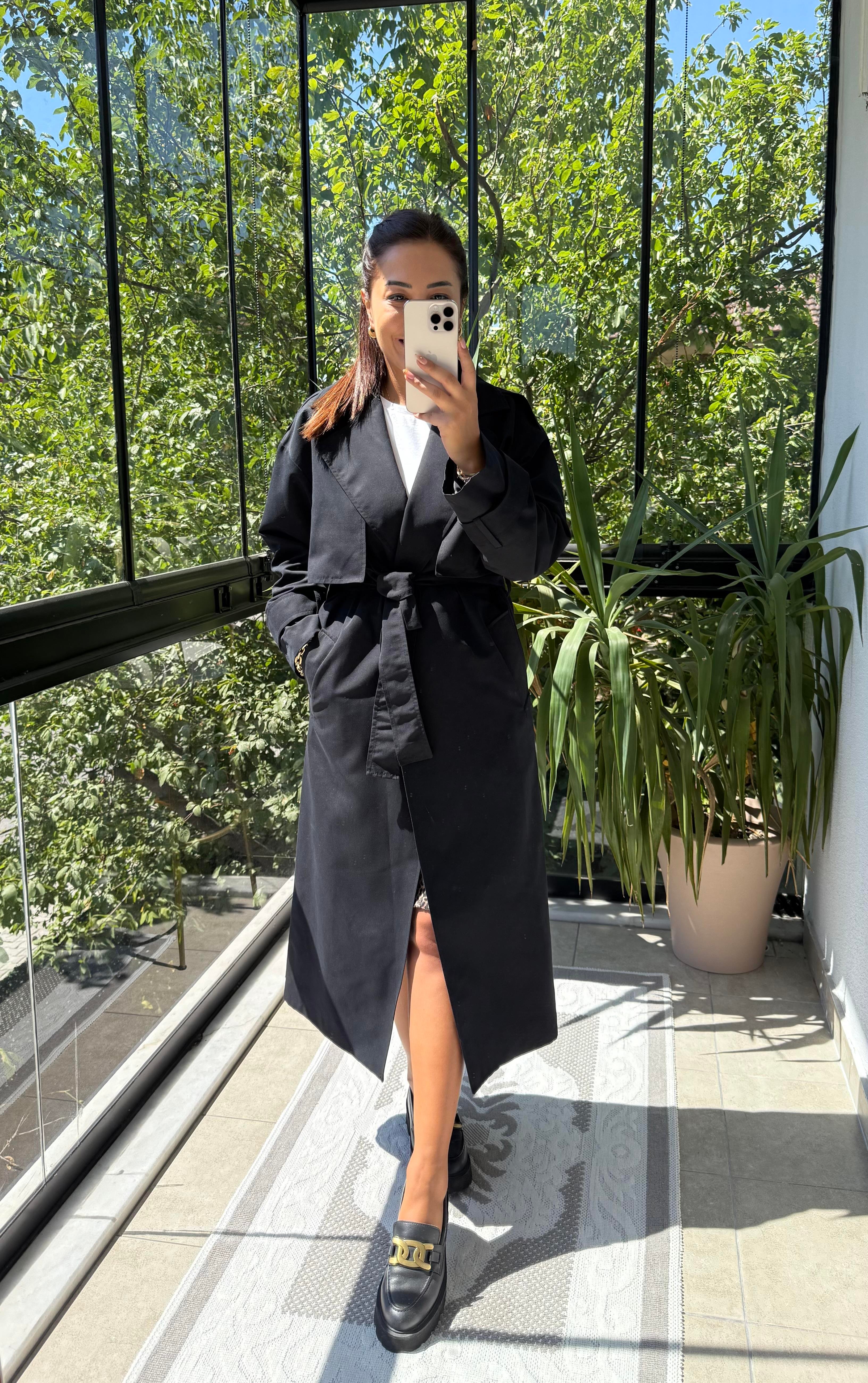 Tek Düğme Kuşaklı Uzun Trenç Siyah 