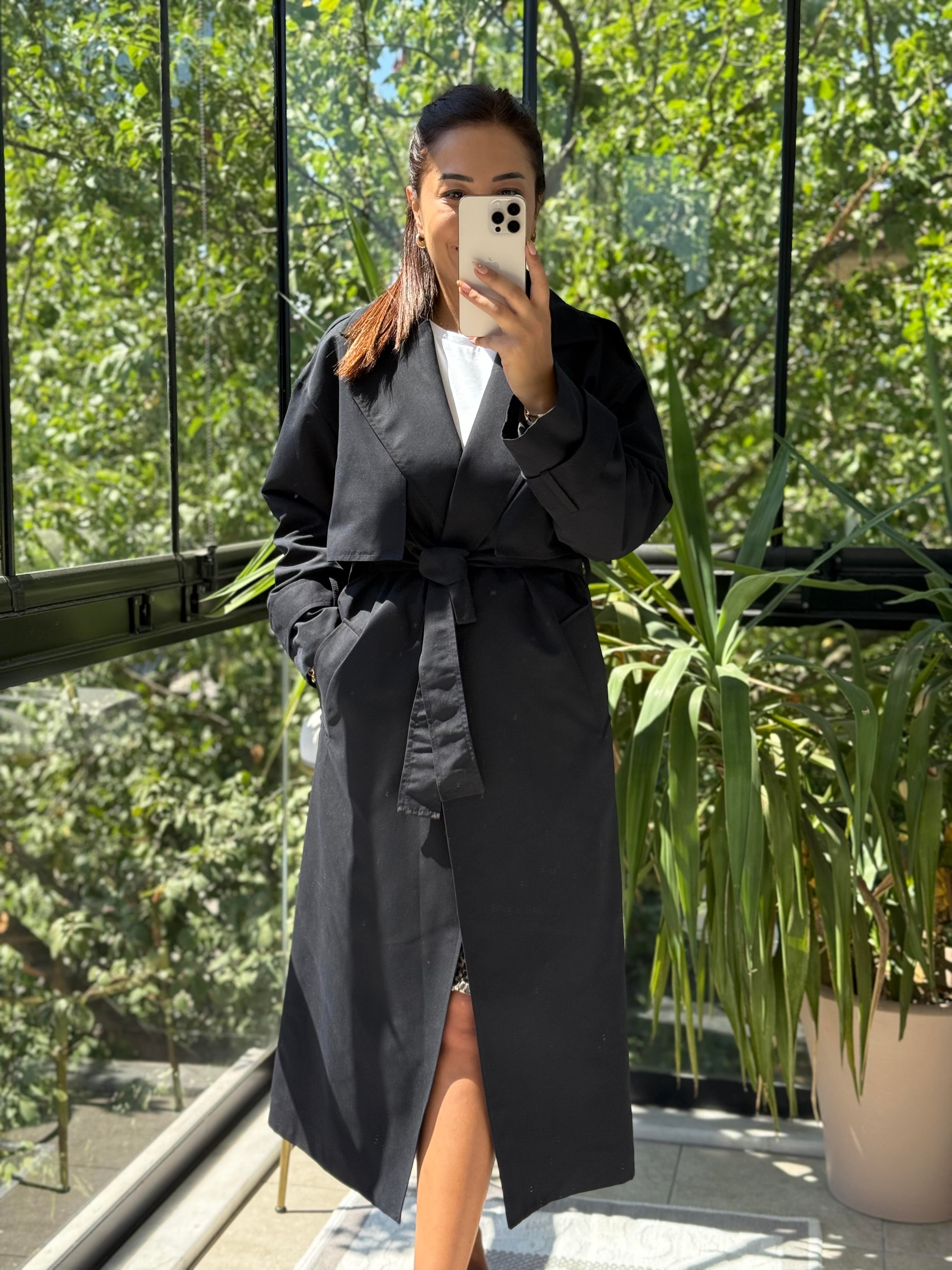 Tek Düğme Kuşaklı Uzun Trenç Siyah 