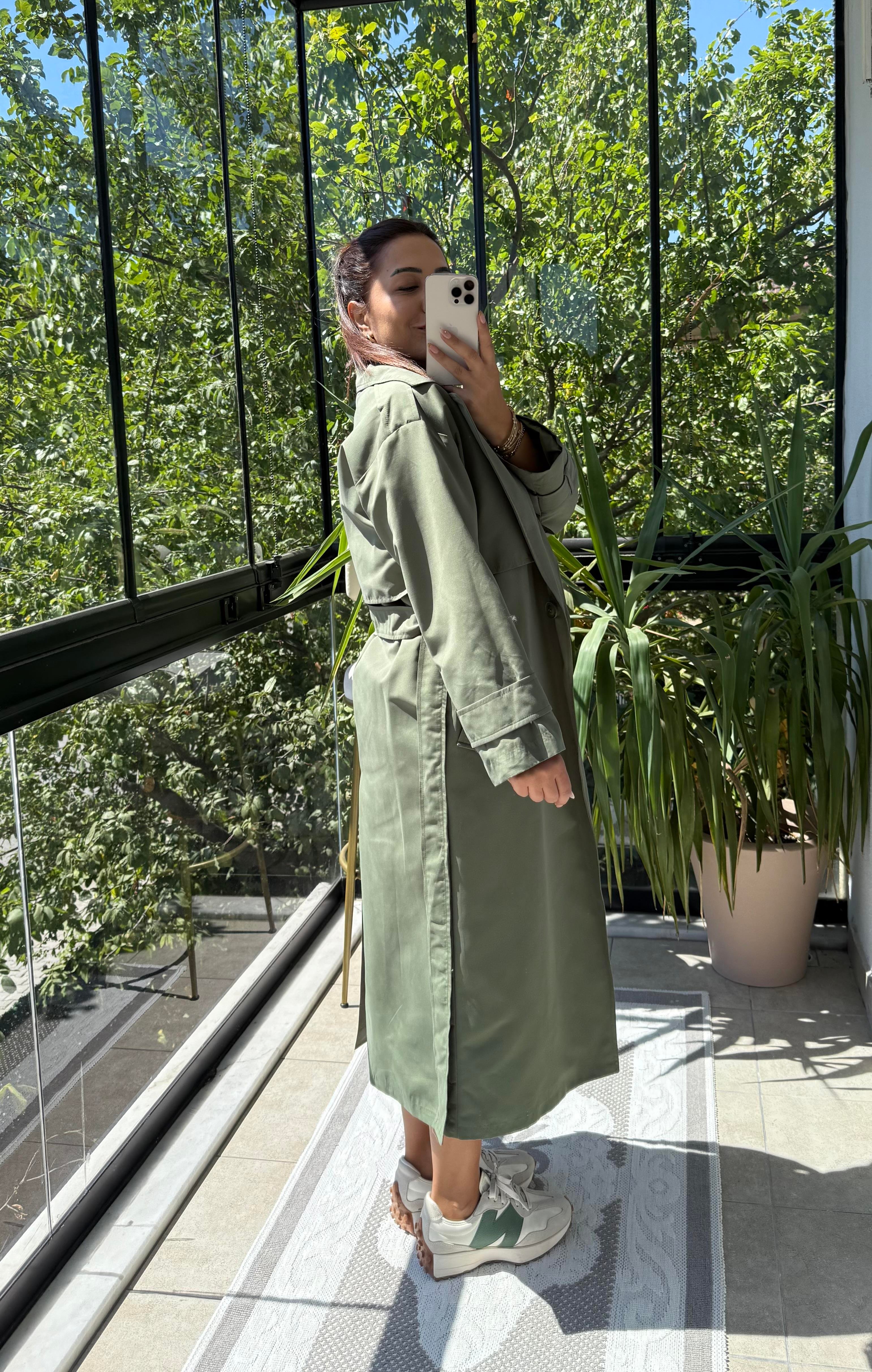 Tek Düğme Kuşaklı Uzun Trenç Yeşil