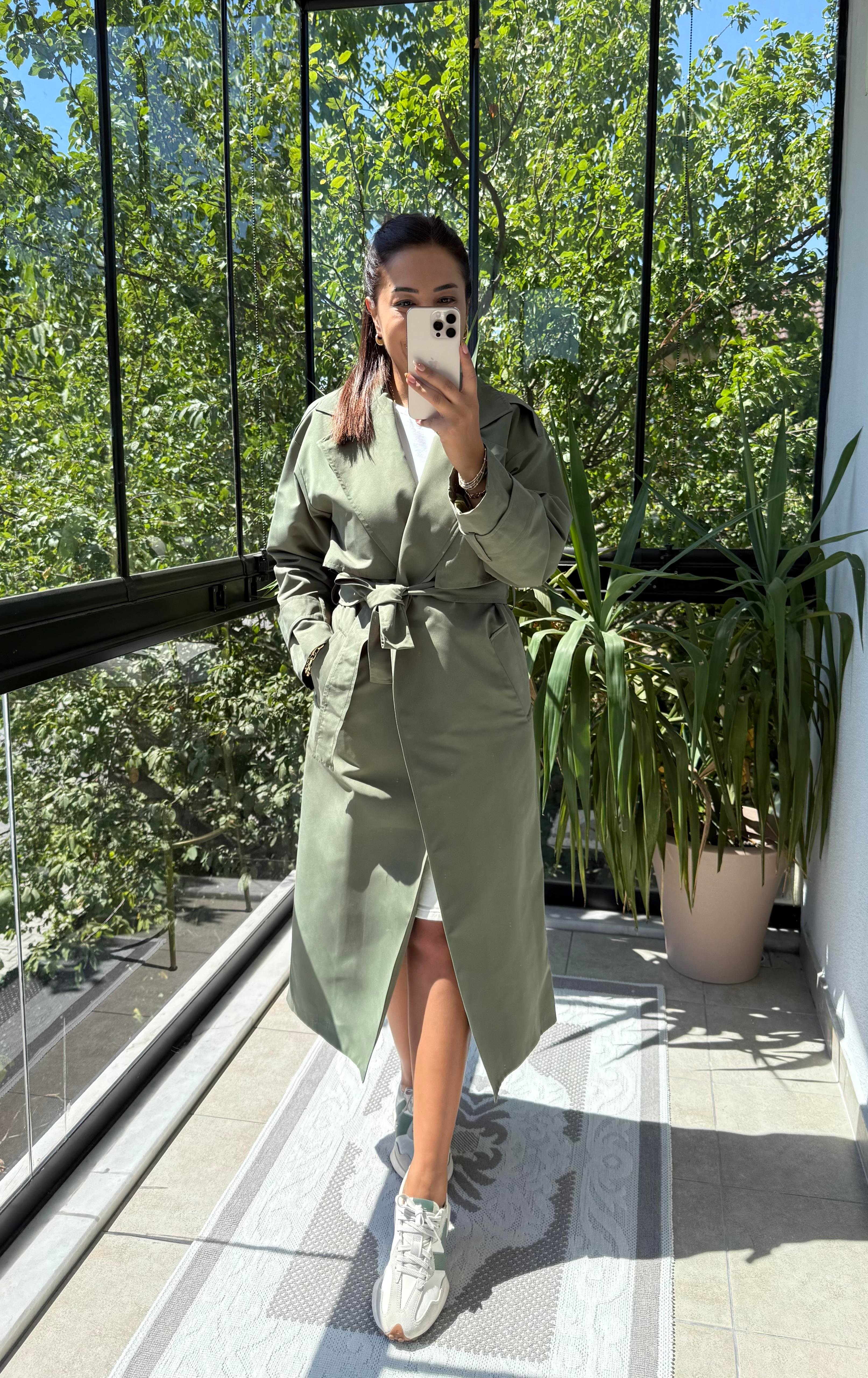 Tek Düğme Kuşaklı Uzun Trenç Yeşil