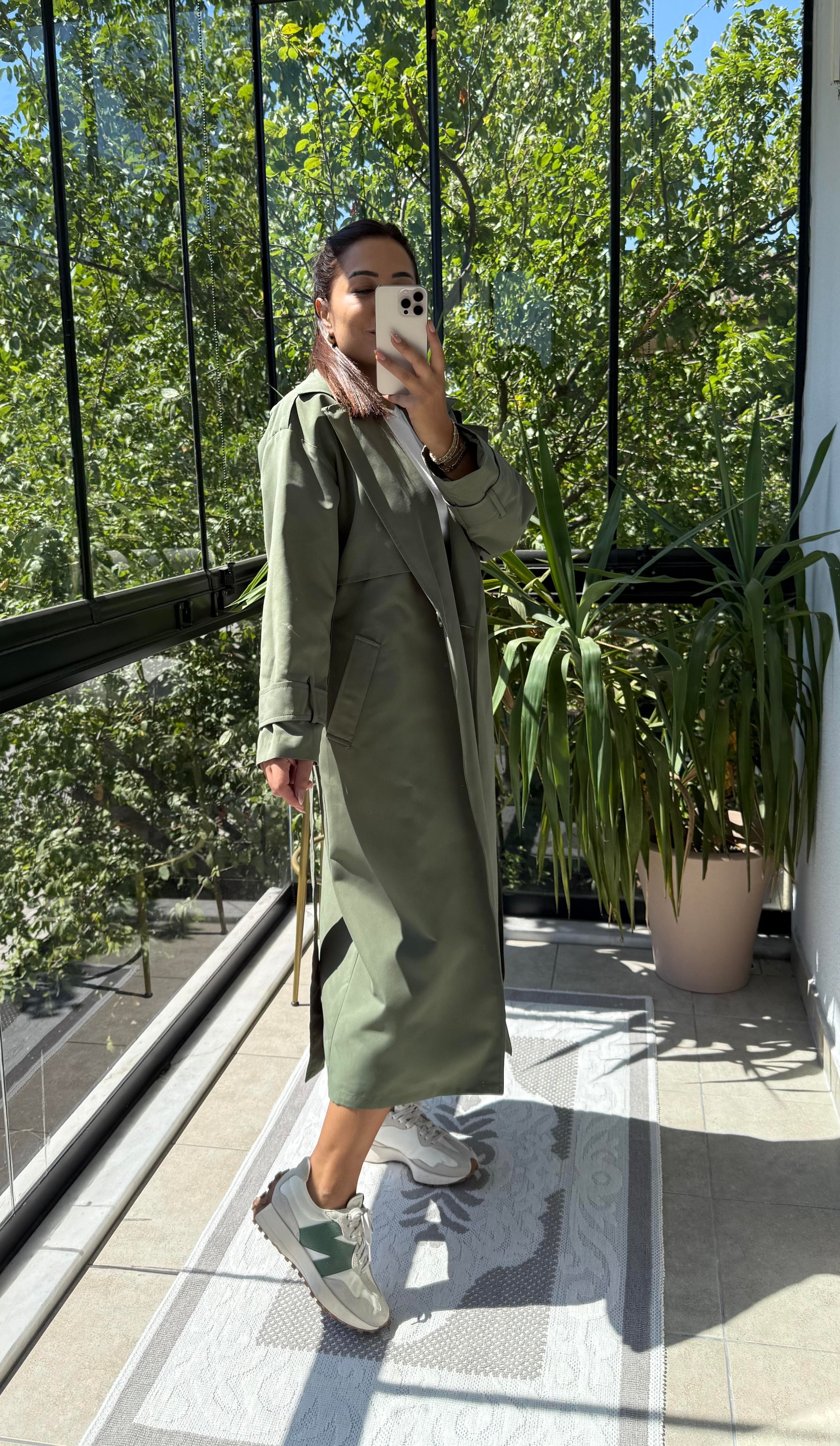 Tek Düğme Kuşaklı Uzun Trenç Yeşil