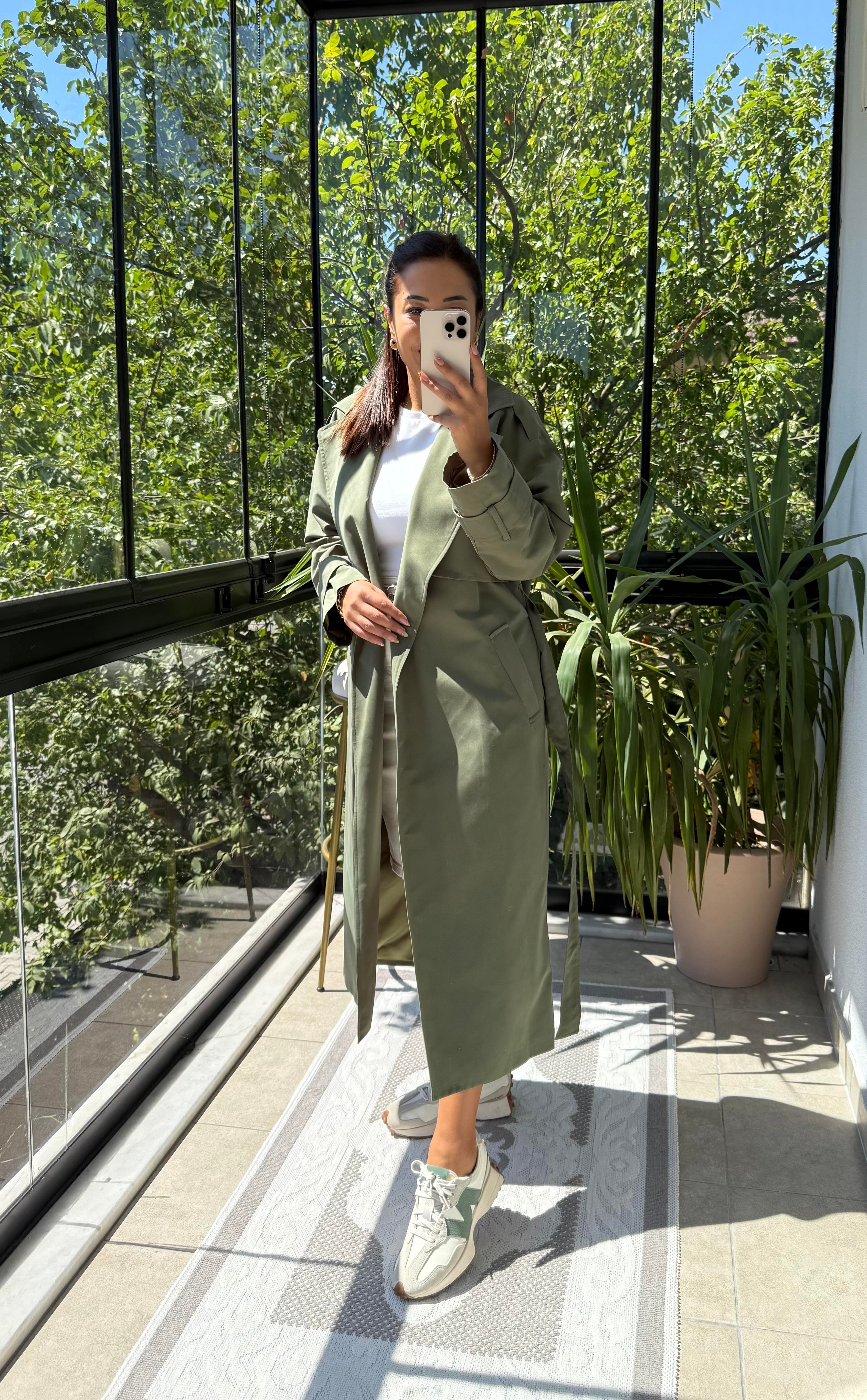 Tek Düğme Kuşaklı Uzun Trenç Yeşil