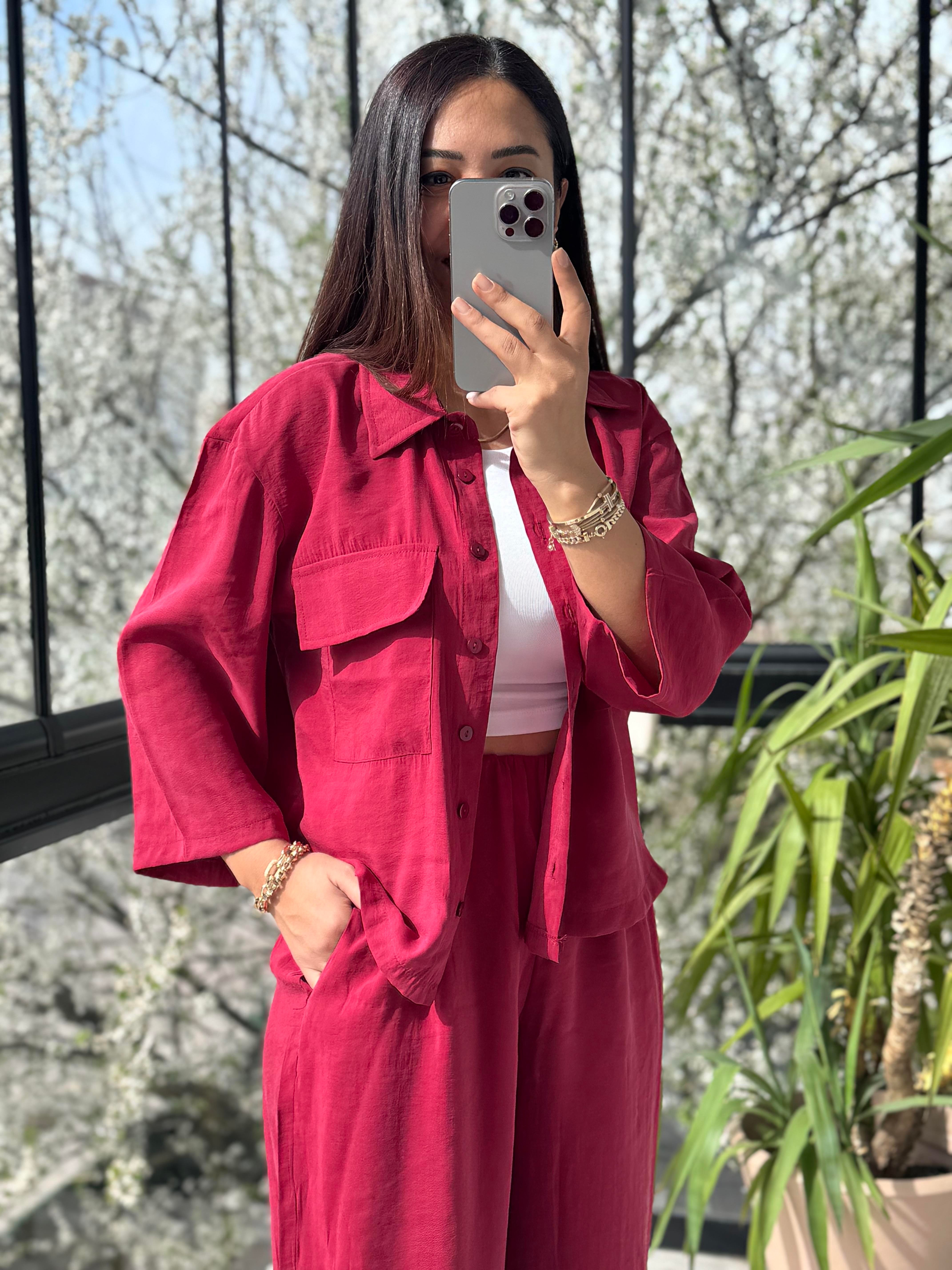 Tensel Cepli Gömlek Takım Bordo