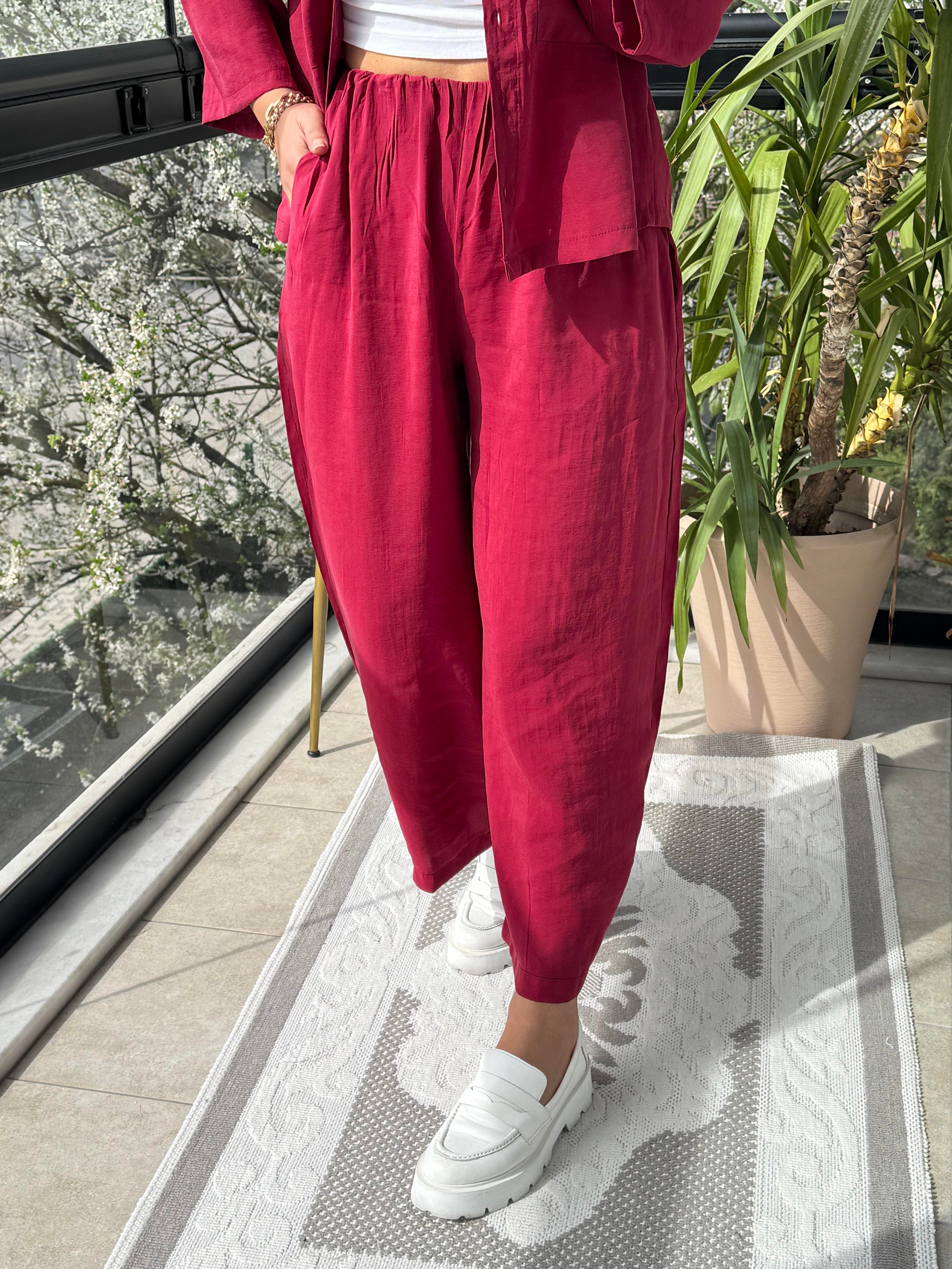 Tensel Cepli Gömlek Takım Bordo