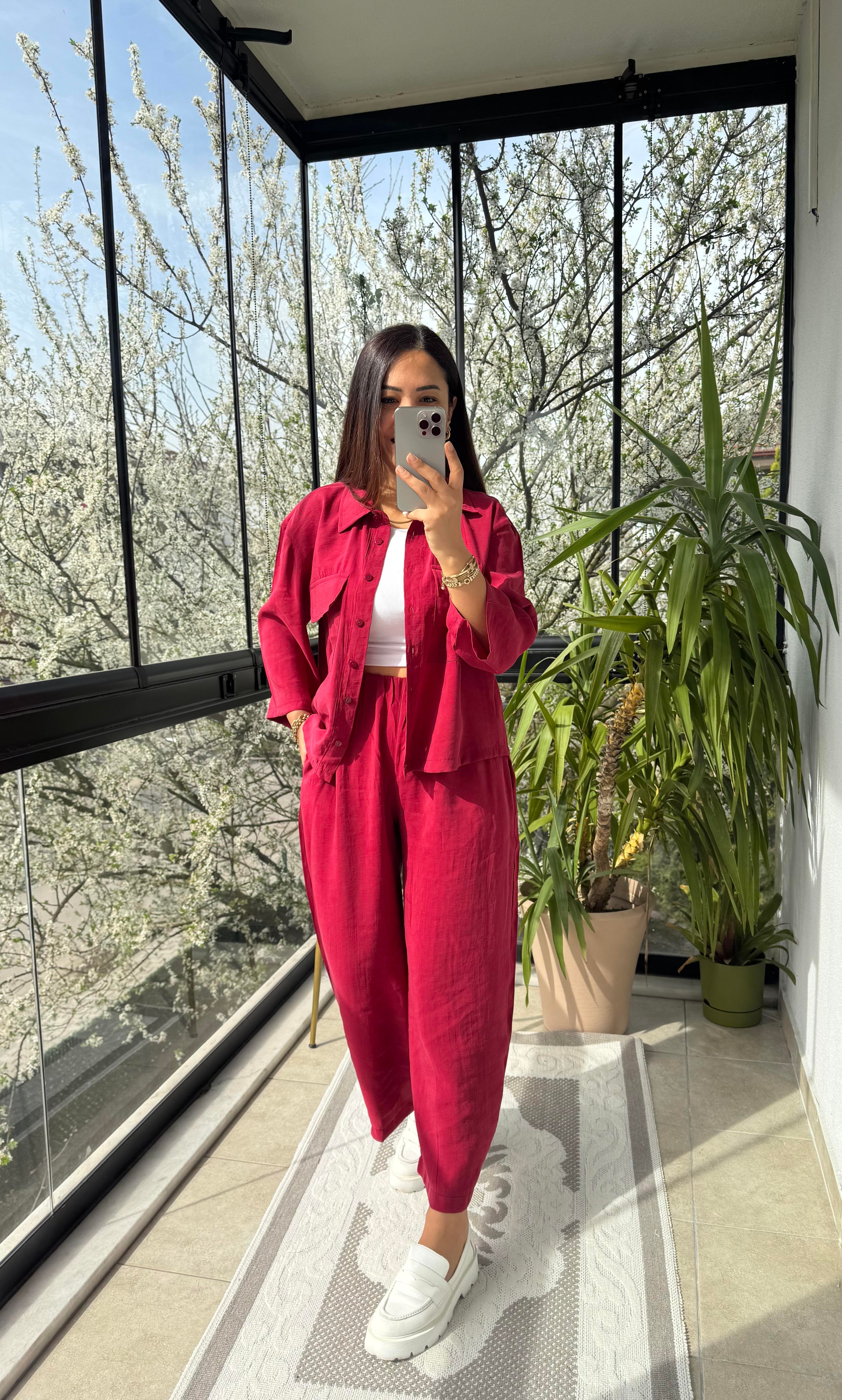 Tensel Cepli Gömlek Takım Bordo