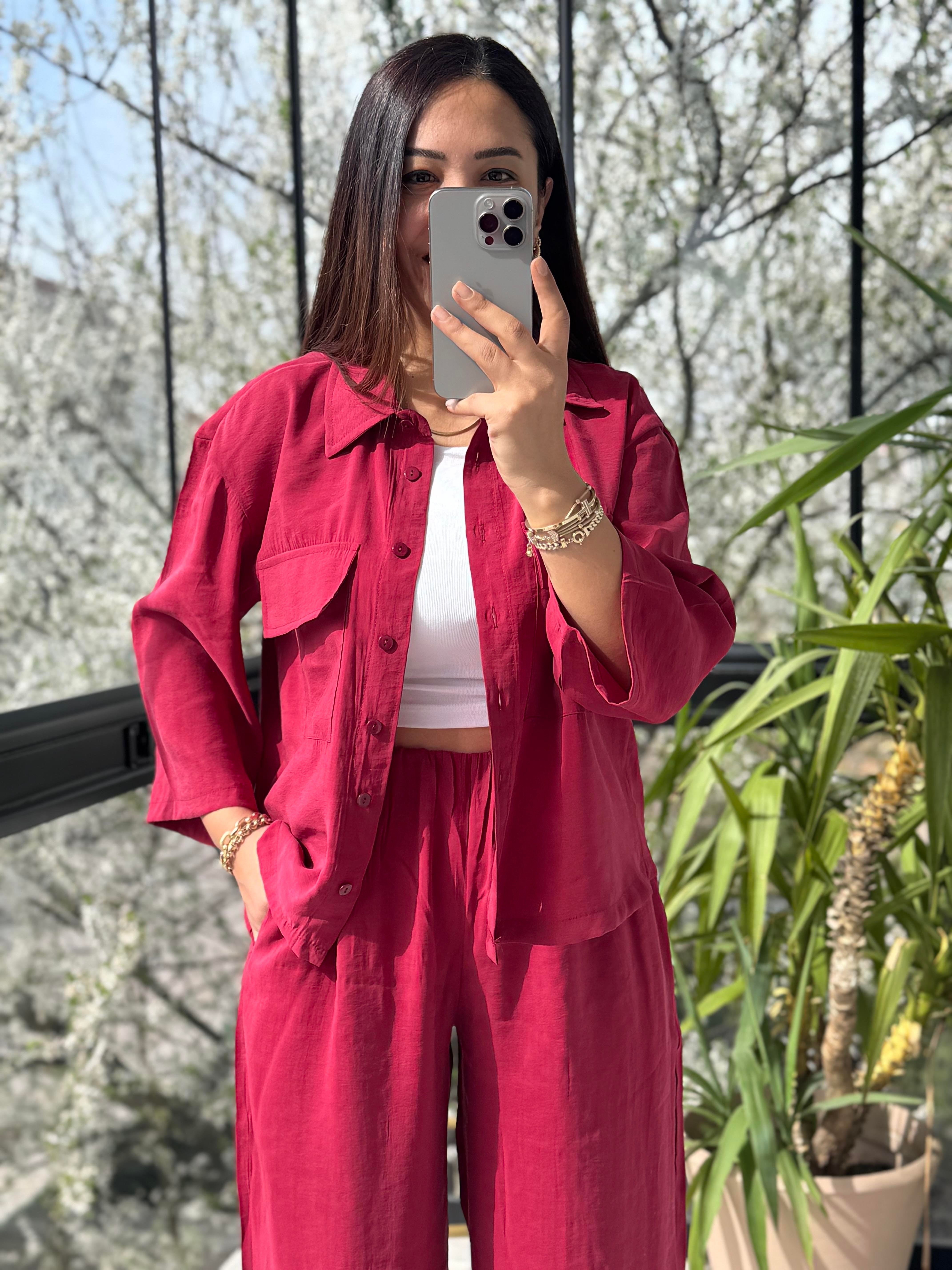 Tensel Cepli Gömlek Takım Bordo