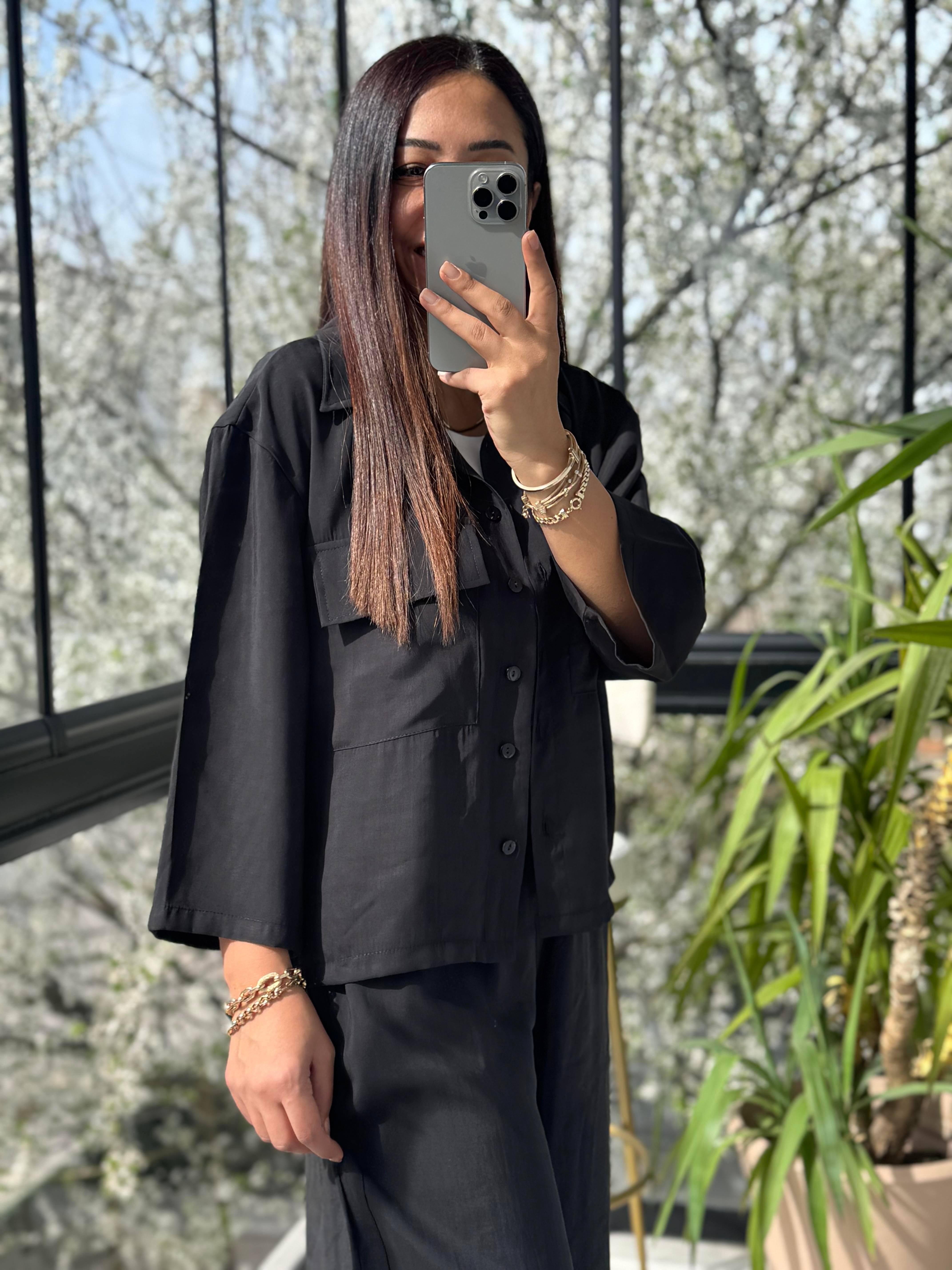 Tensel Cepli Gömlek Takım Siyah