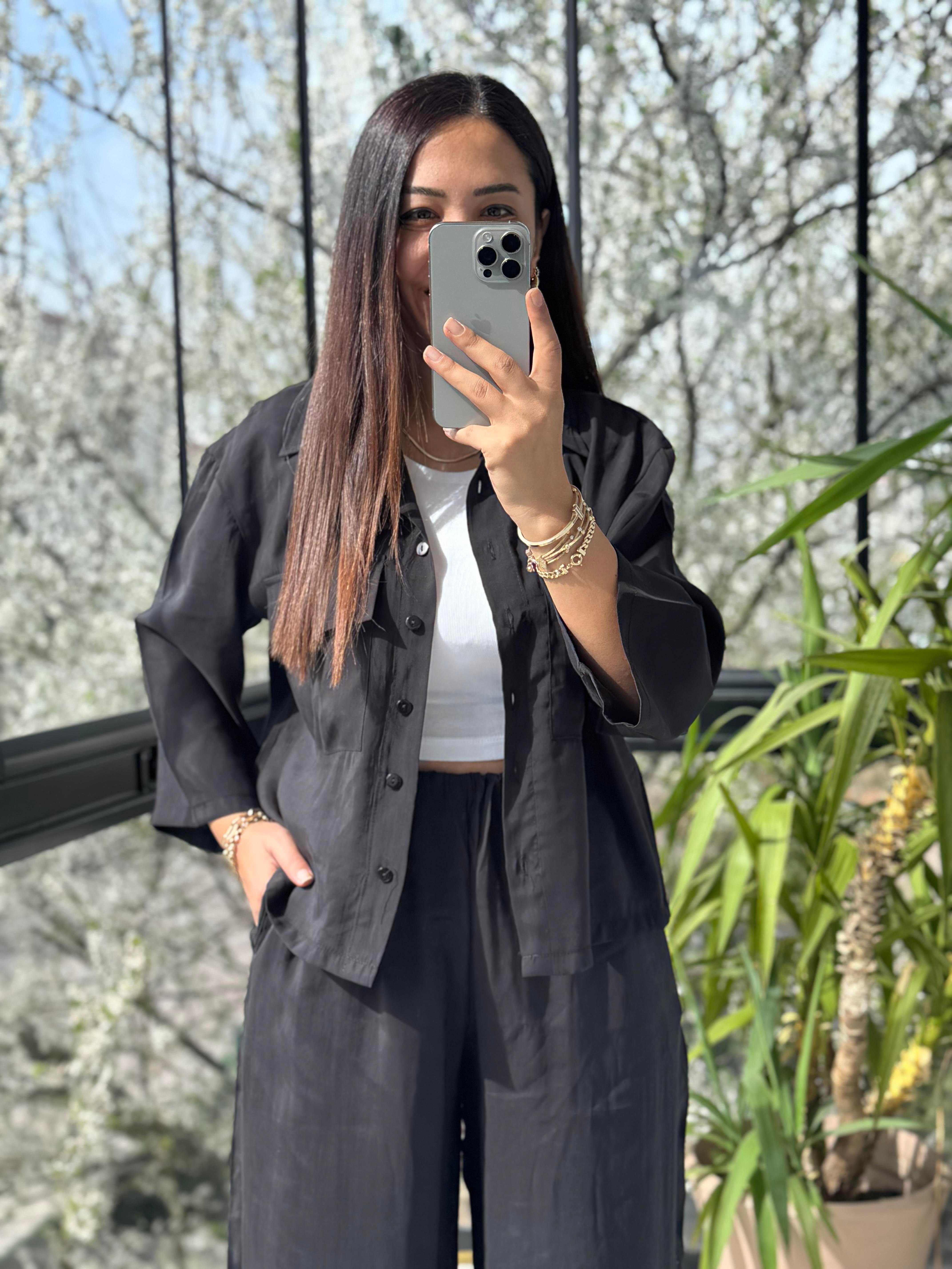 Tensel Cepli Gömlek Takım Siyah