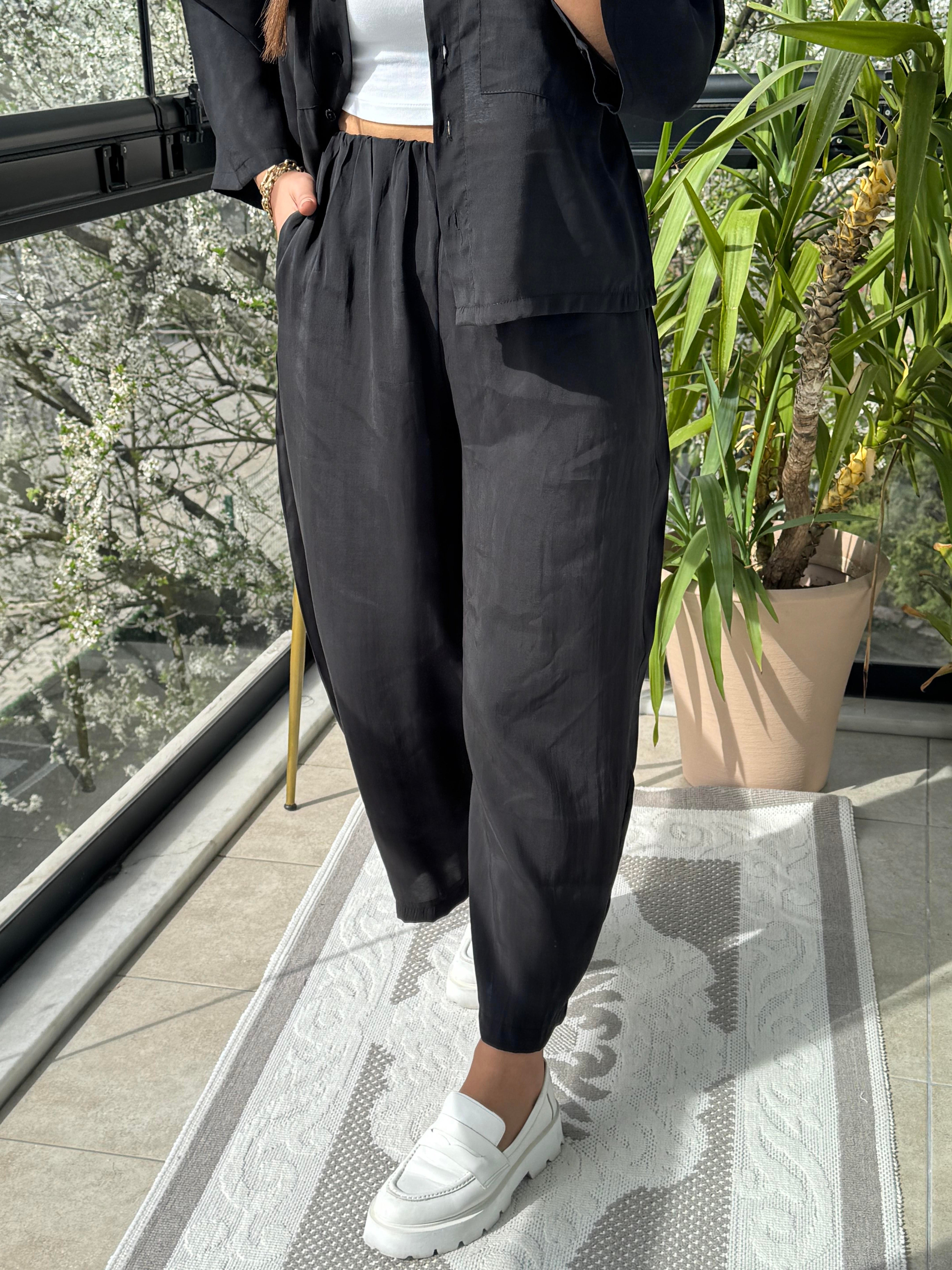 Tensel Cepli Gömlek Takım Siyah