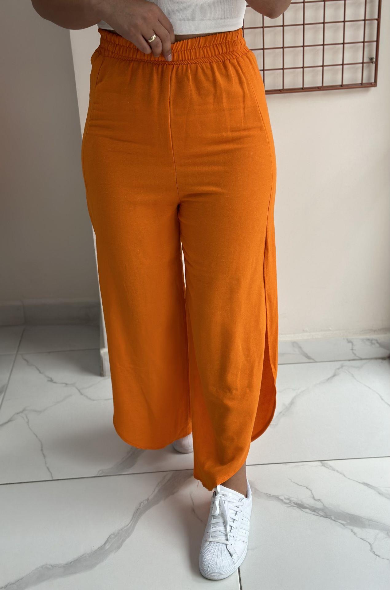 Turuncu Yırtmaçlı Keten Pantolon