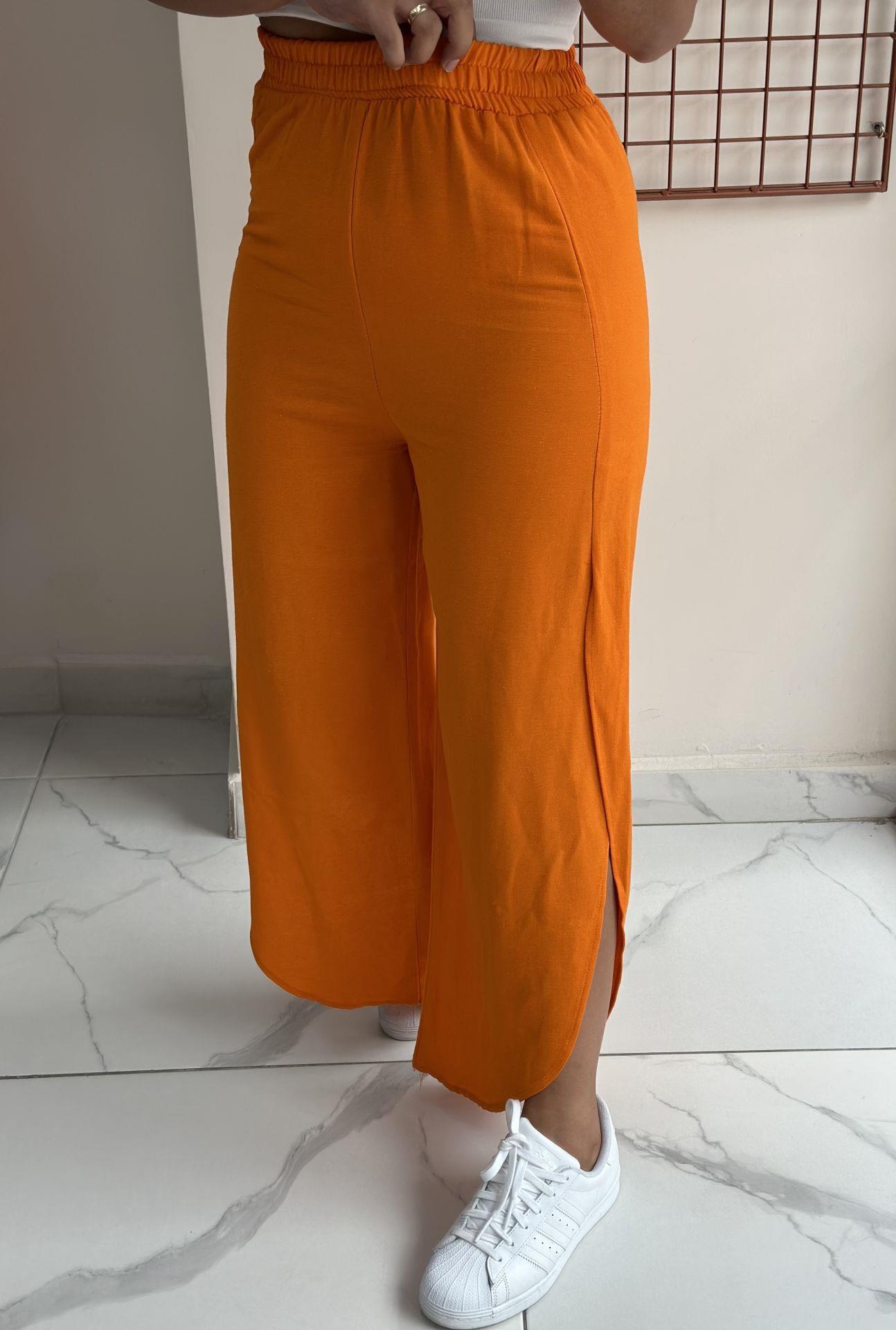 Turuncu Yırtmaçlı Keten Pantolon