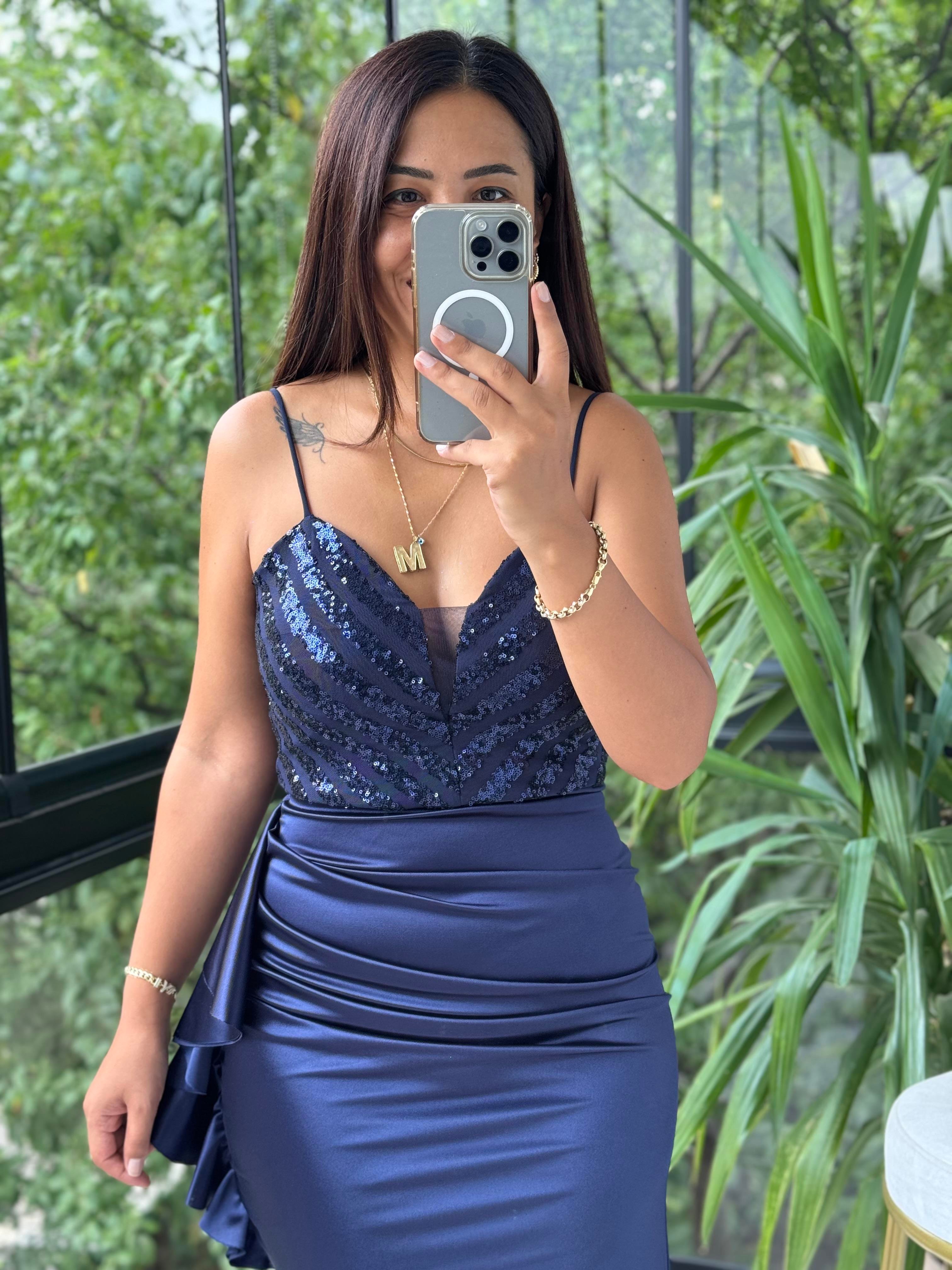 Üzeri Pullu Saten Etek Elbise Lacivert