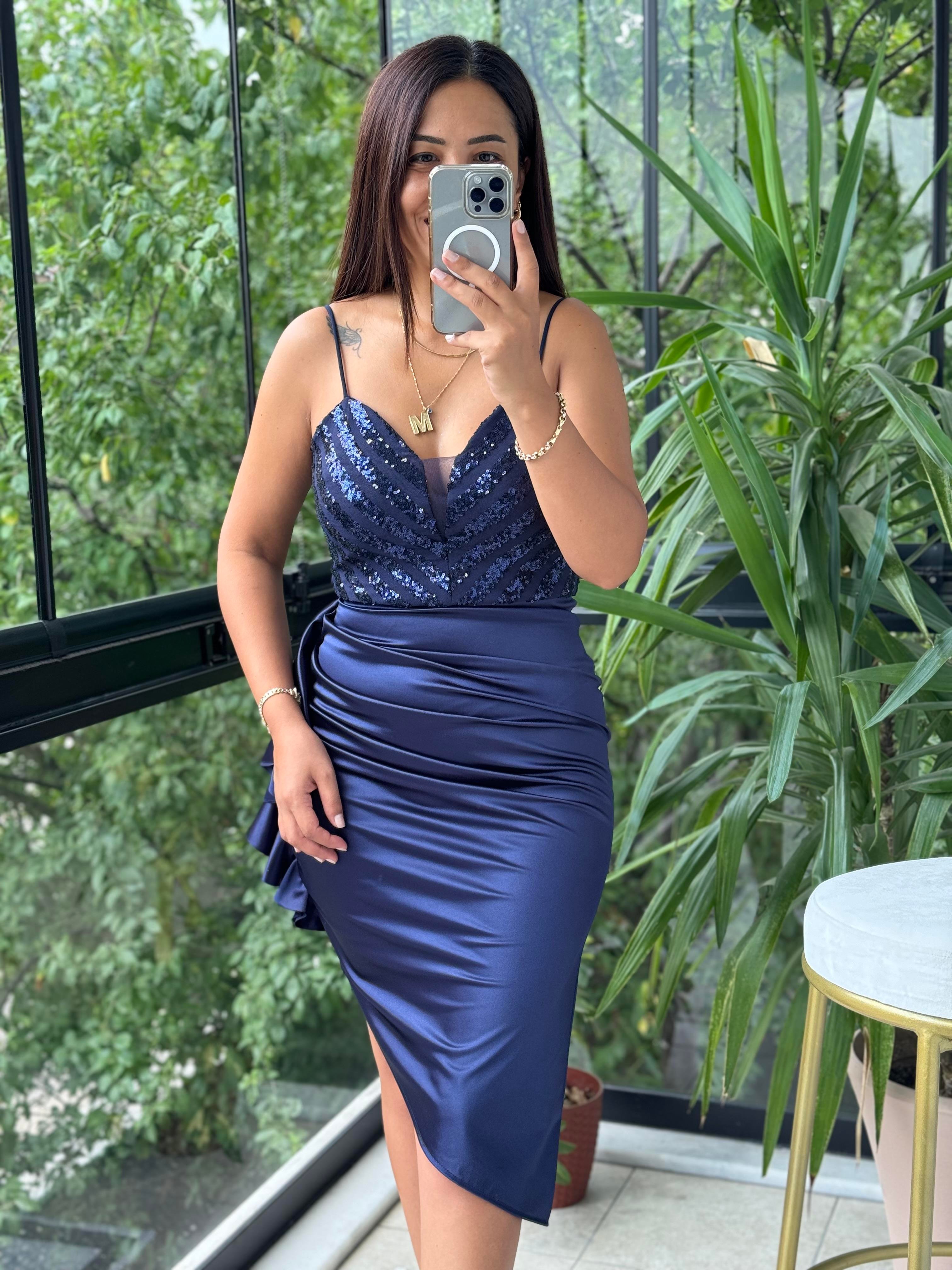 Üzeri Pullu Saten Etek Elbise Lacivert