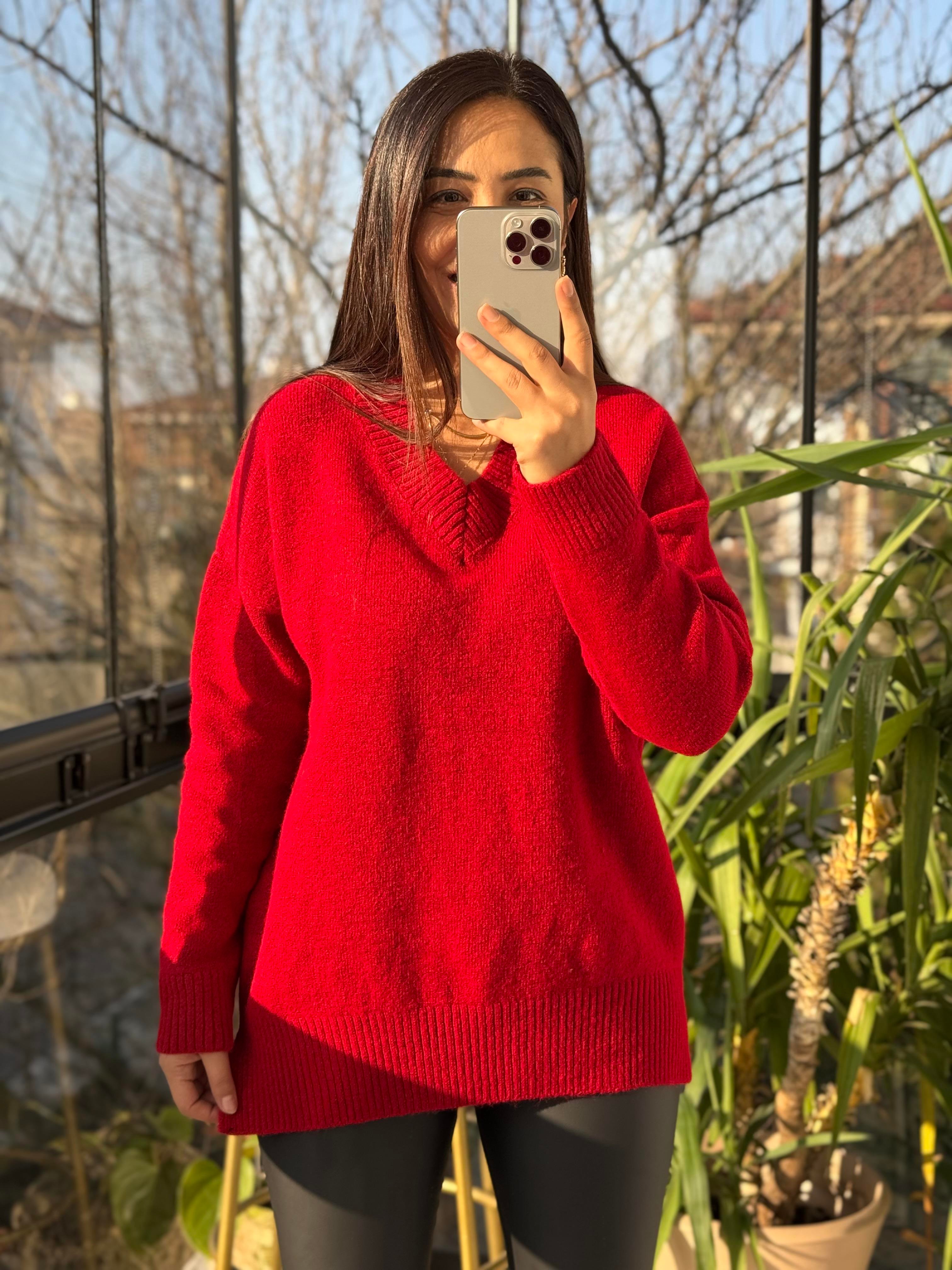 V Yaka Basic Kazak Kırmzı