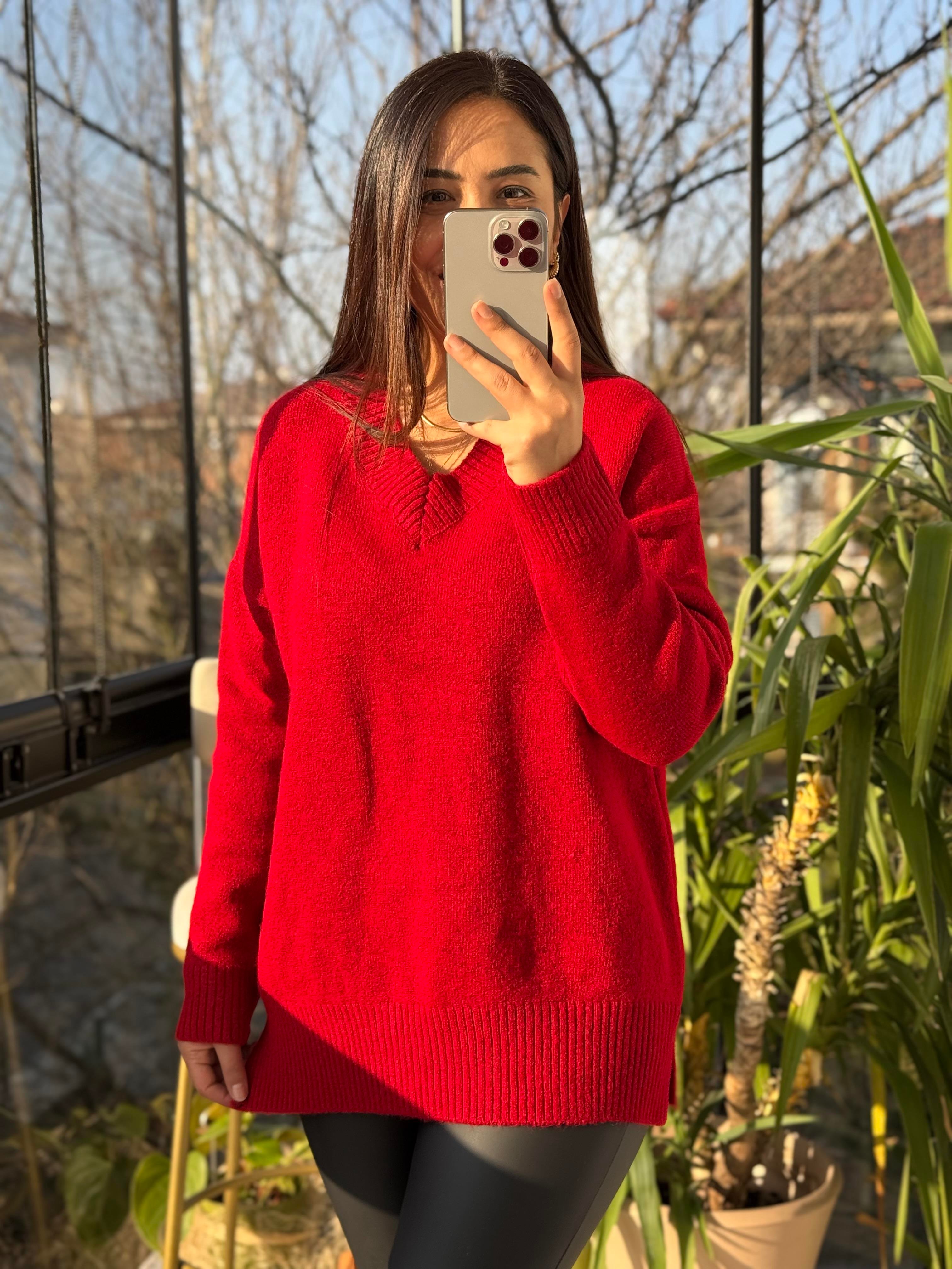 V Yaka Basic Kazak Kırmzı