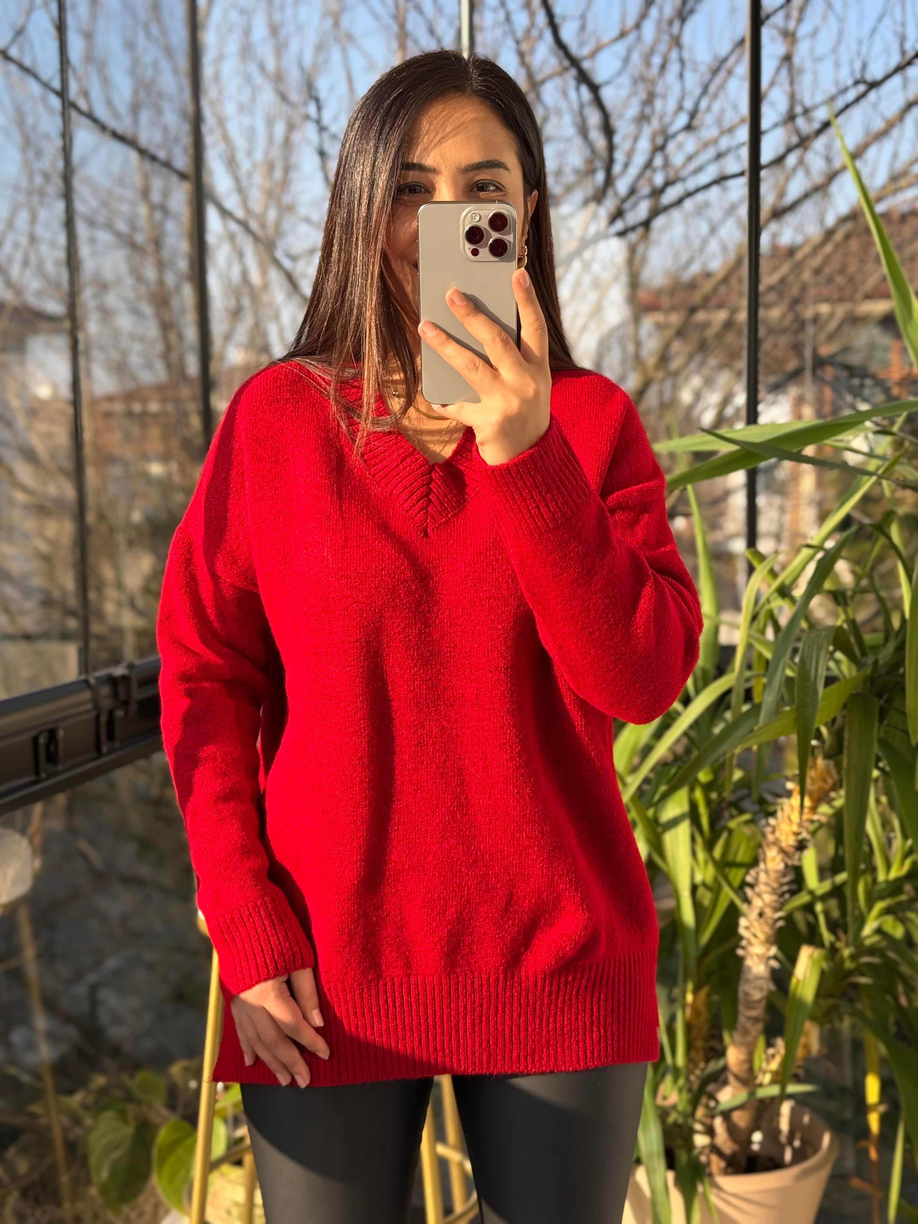 V Yaka Basic Kazak Kırmzı