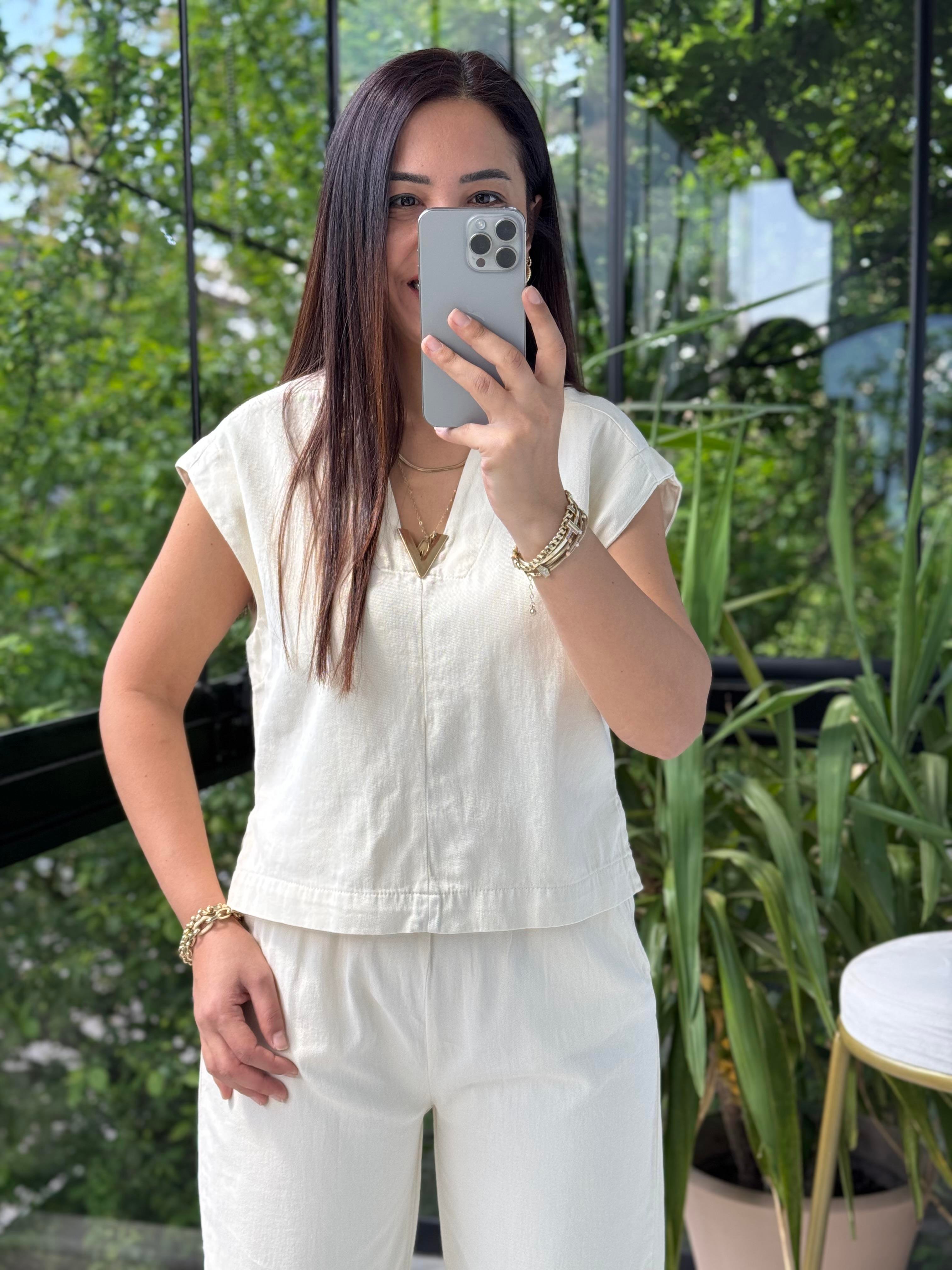 V Yaka Keten Bluz Bej