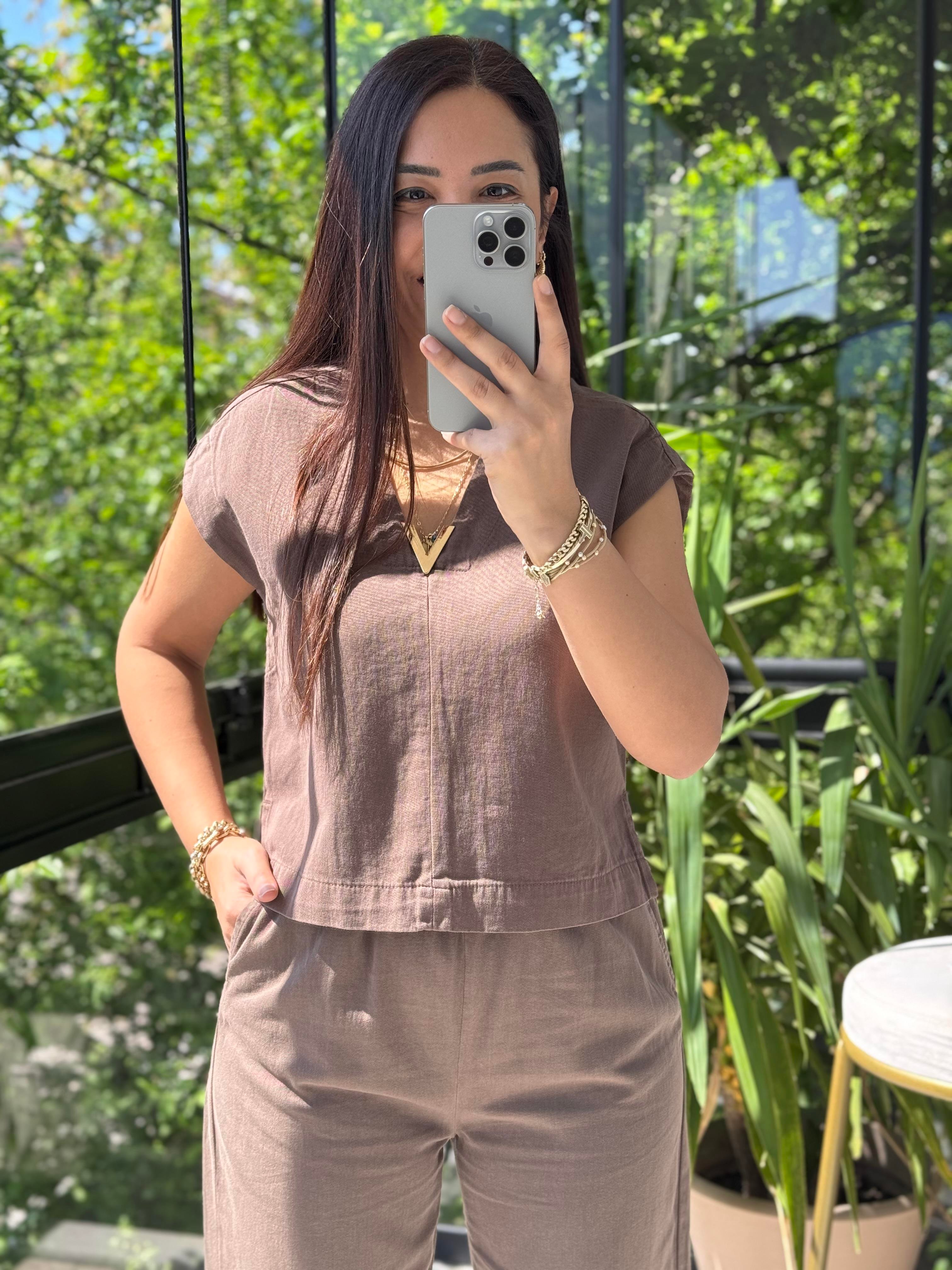 V Yaka Keten Bluz Kahve