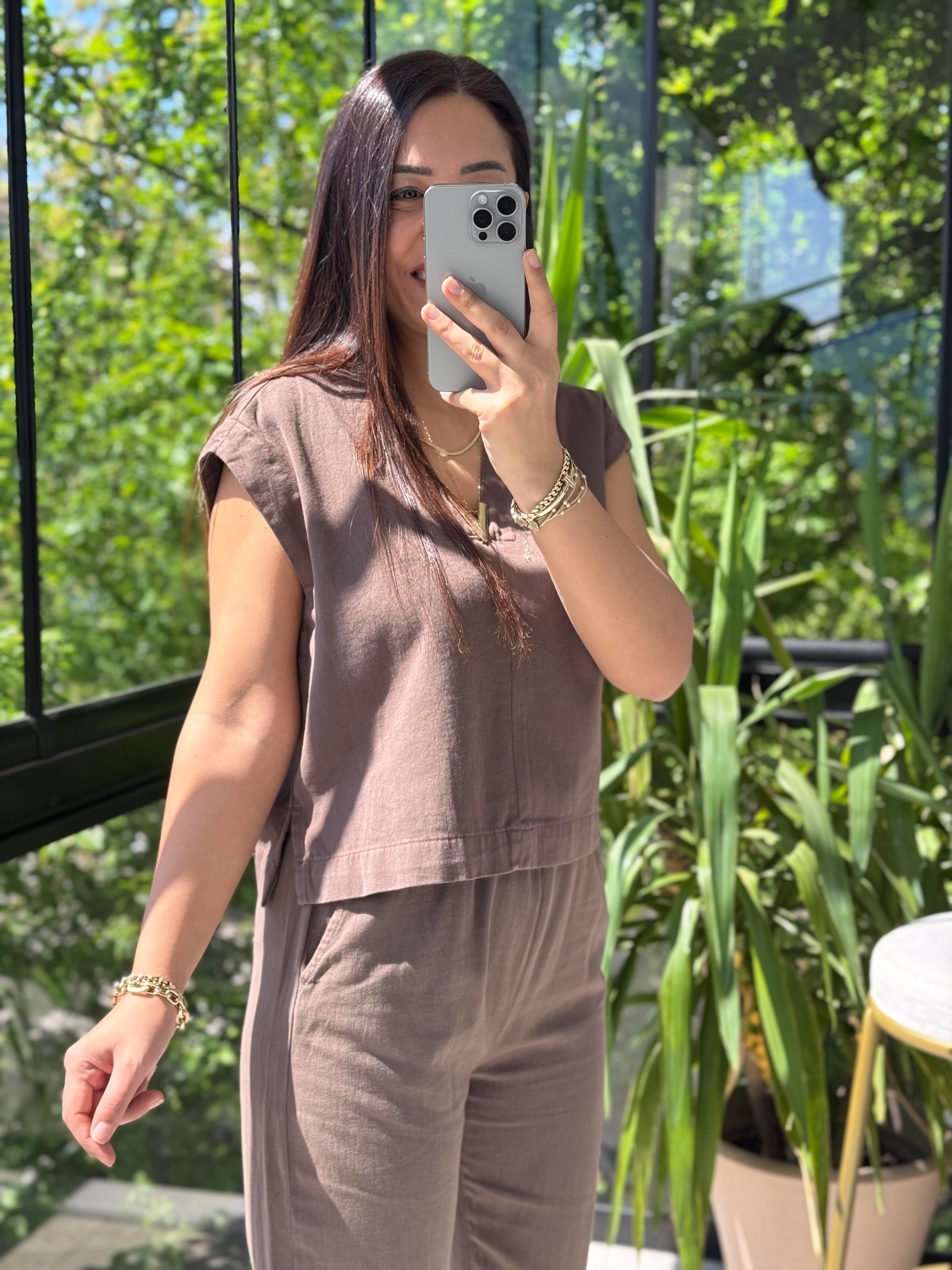 V Yaka Keten Bluz Kahve