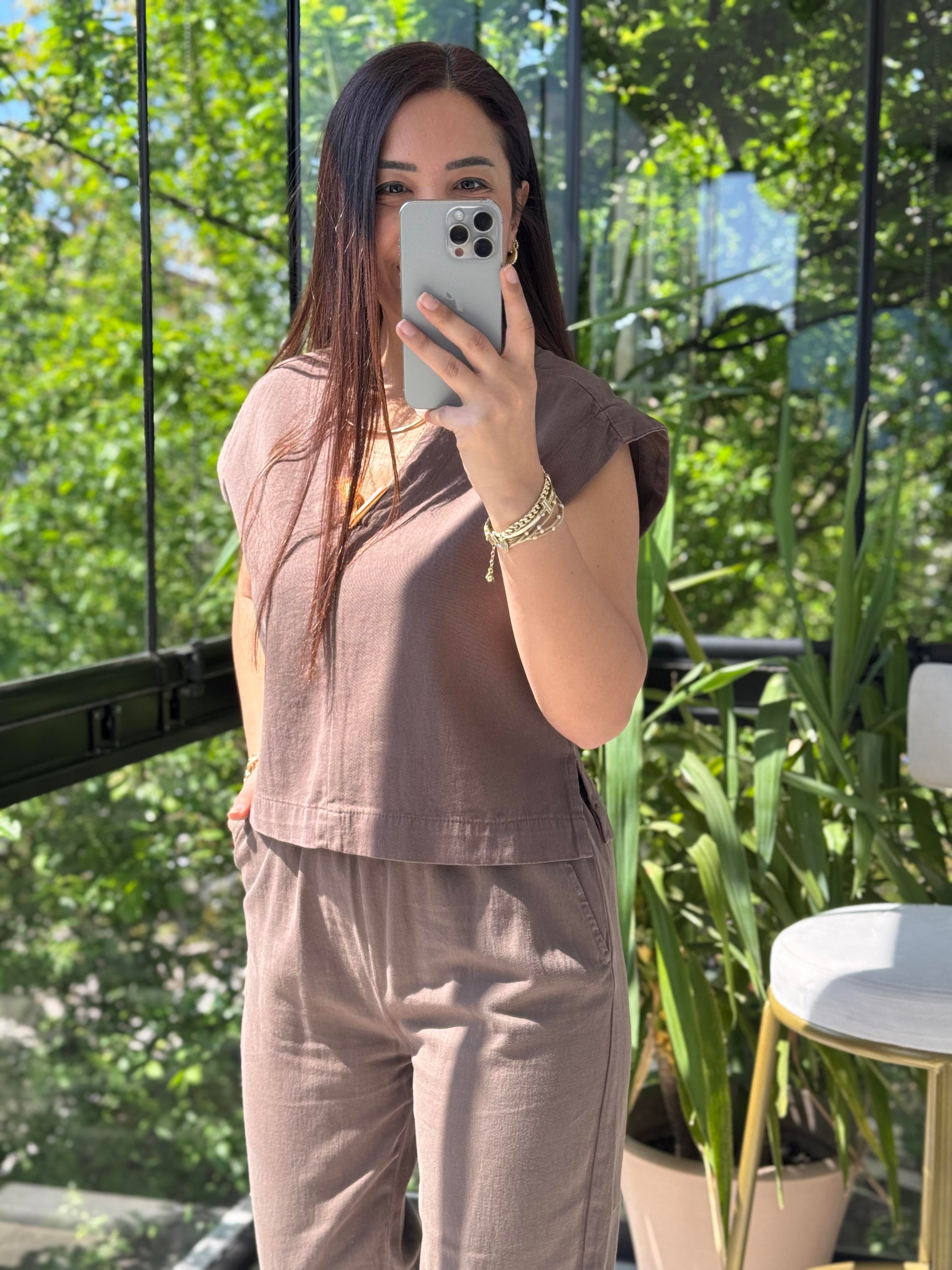 V Yaka Keten Bluz Kahve