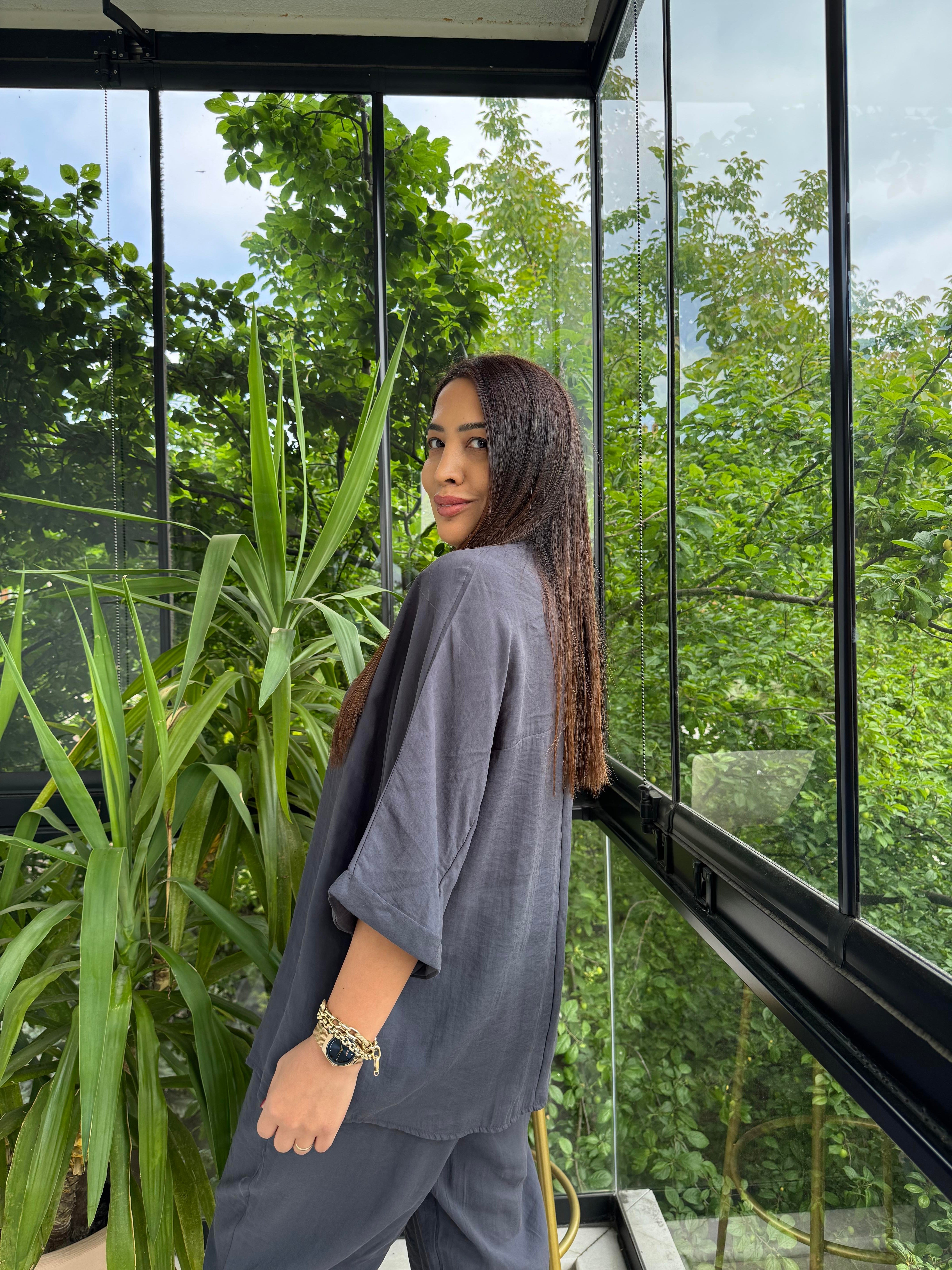 V Yaka Oversize Tensel Takım Antrasit