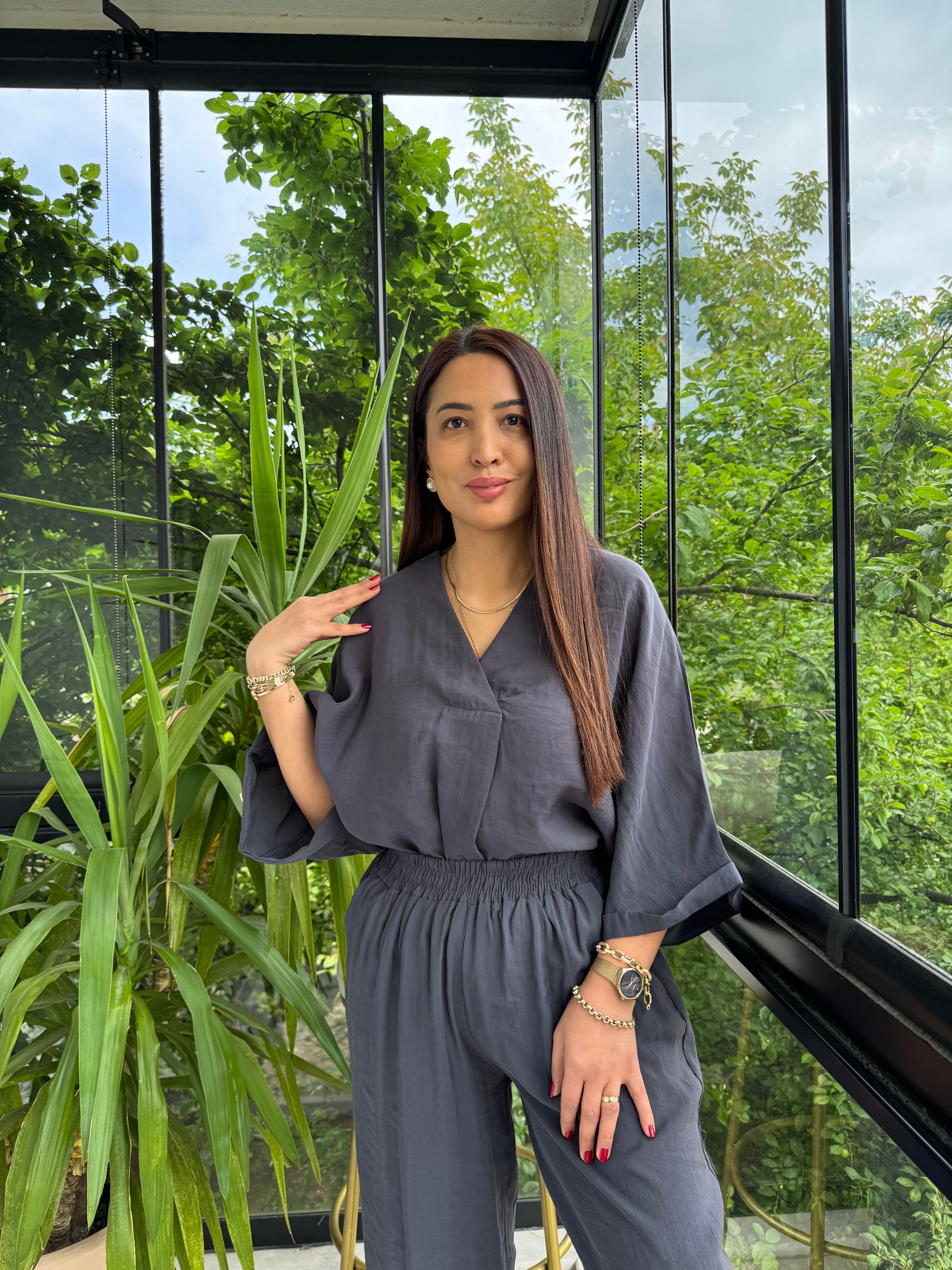 V Yaka Oversize Tensel Takım Antrasit