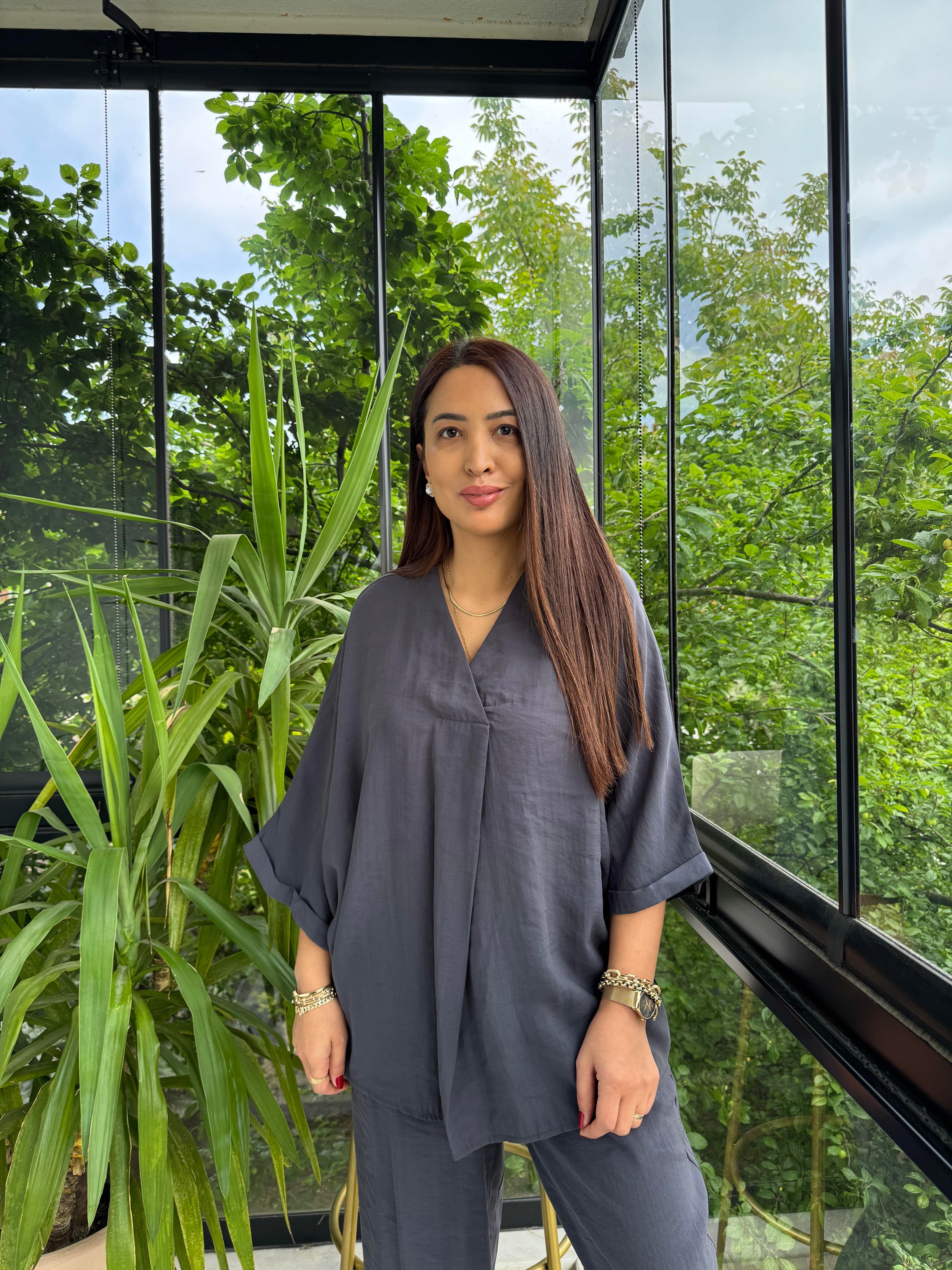 V Yaka Oversize Tensel Takım Antrasit