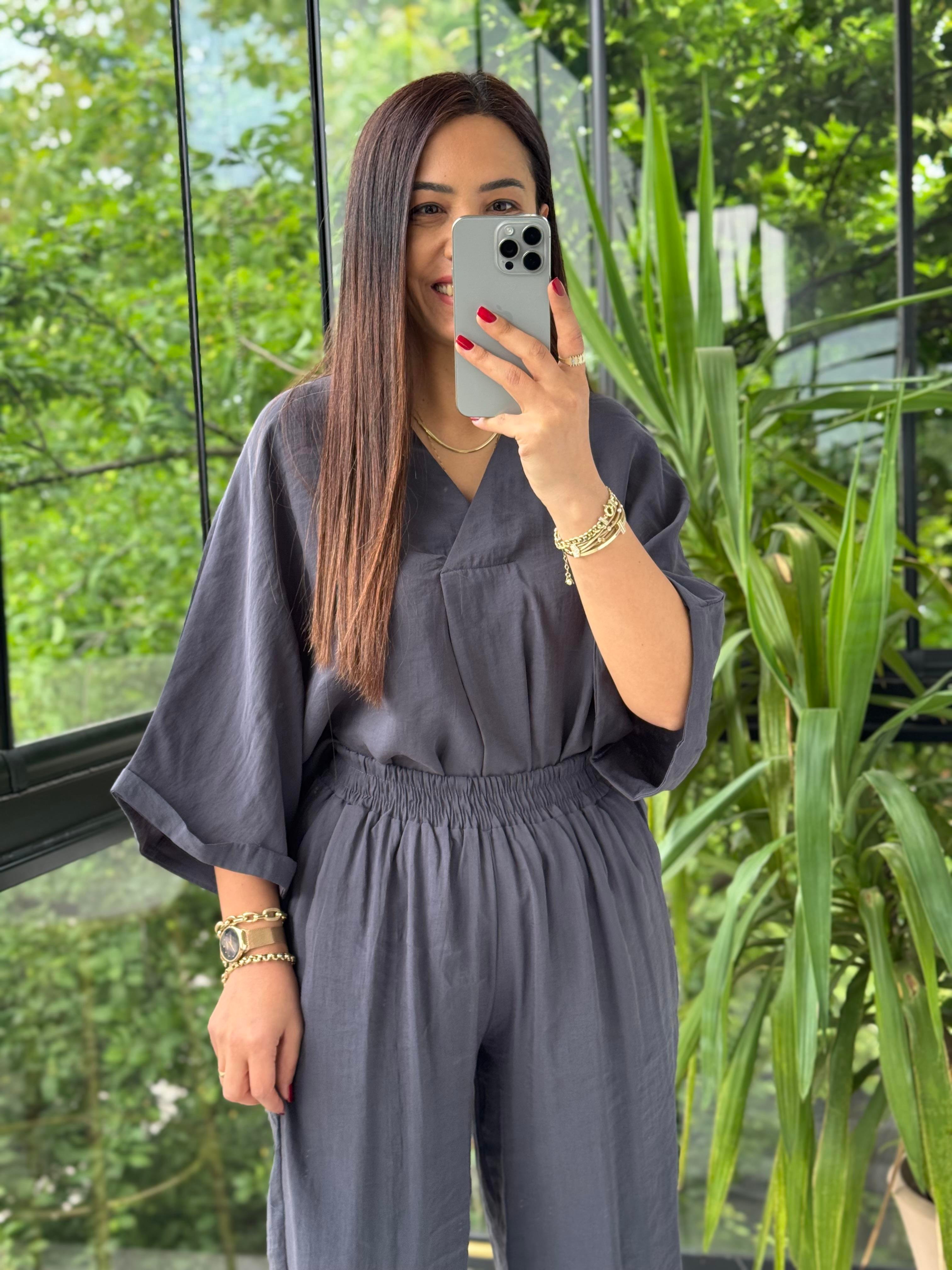 V Yaka Oversize Tensel Takım Antrasit