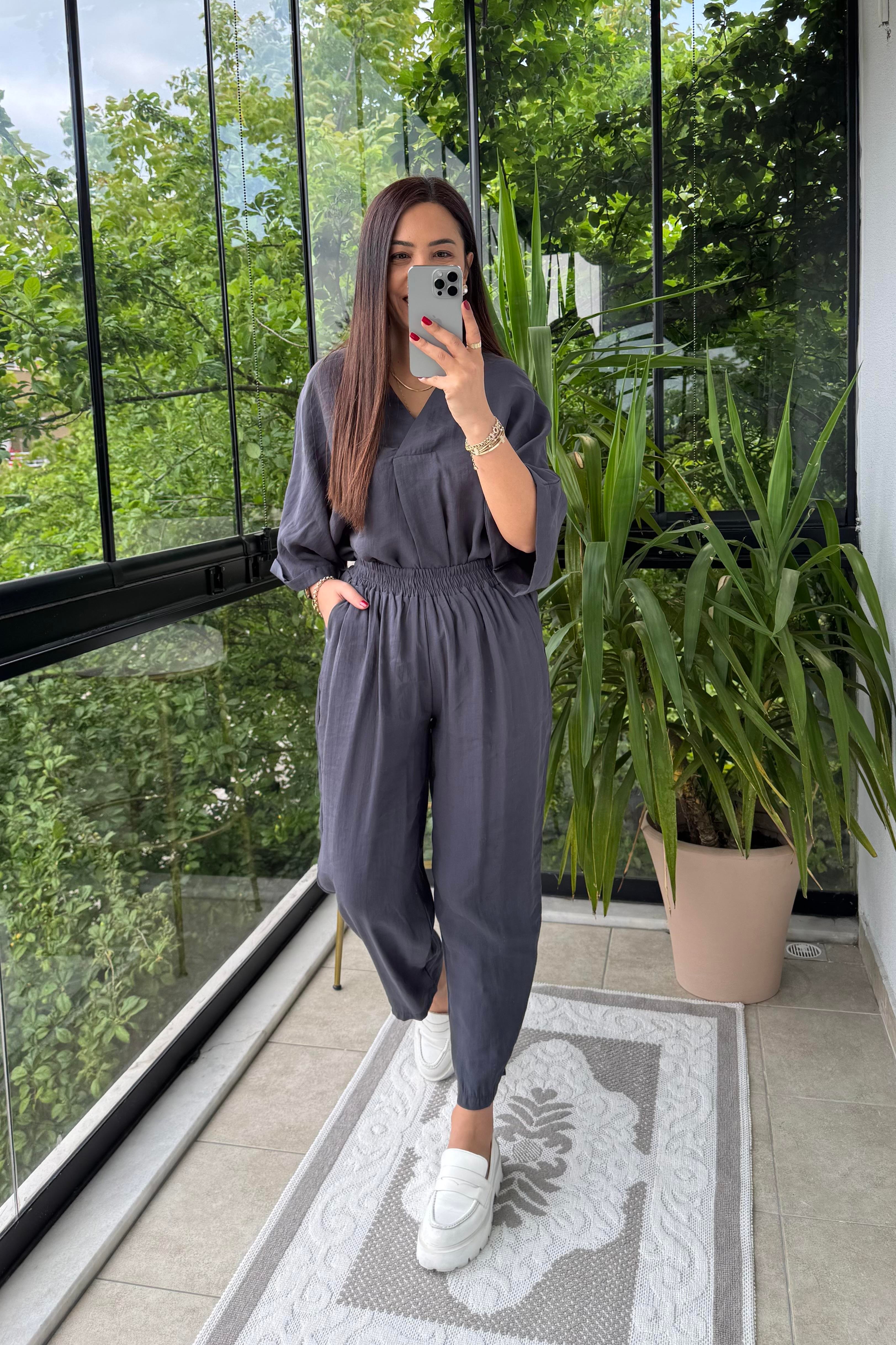 V Yaka Oversize Tensel Takım Antrasit