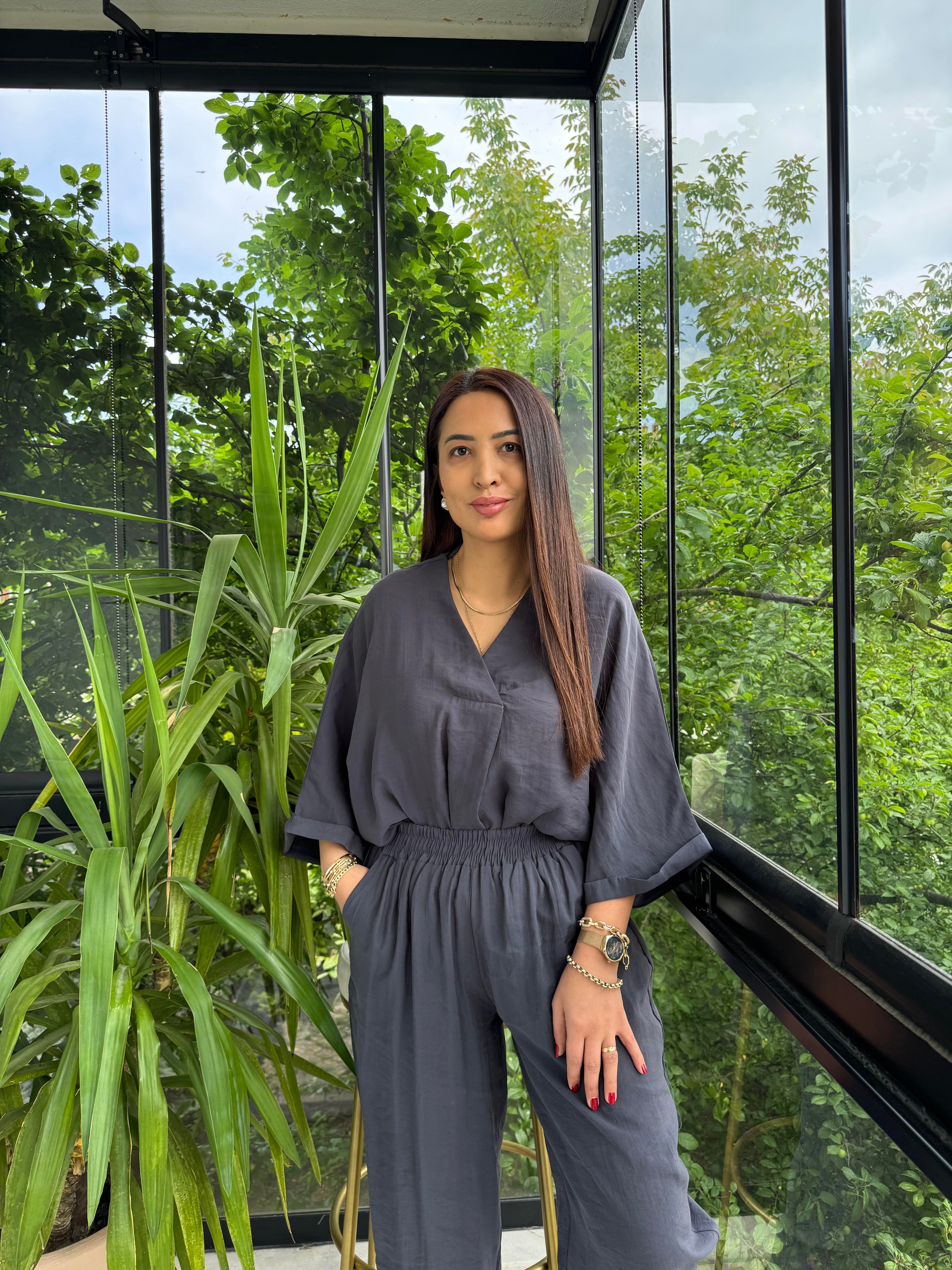 V Yaka Oversize Tensel Takım Antrasit