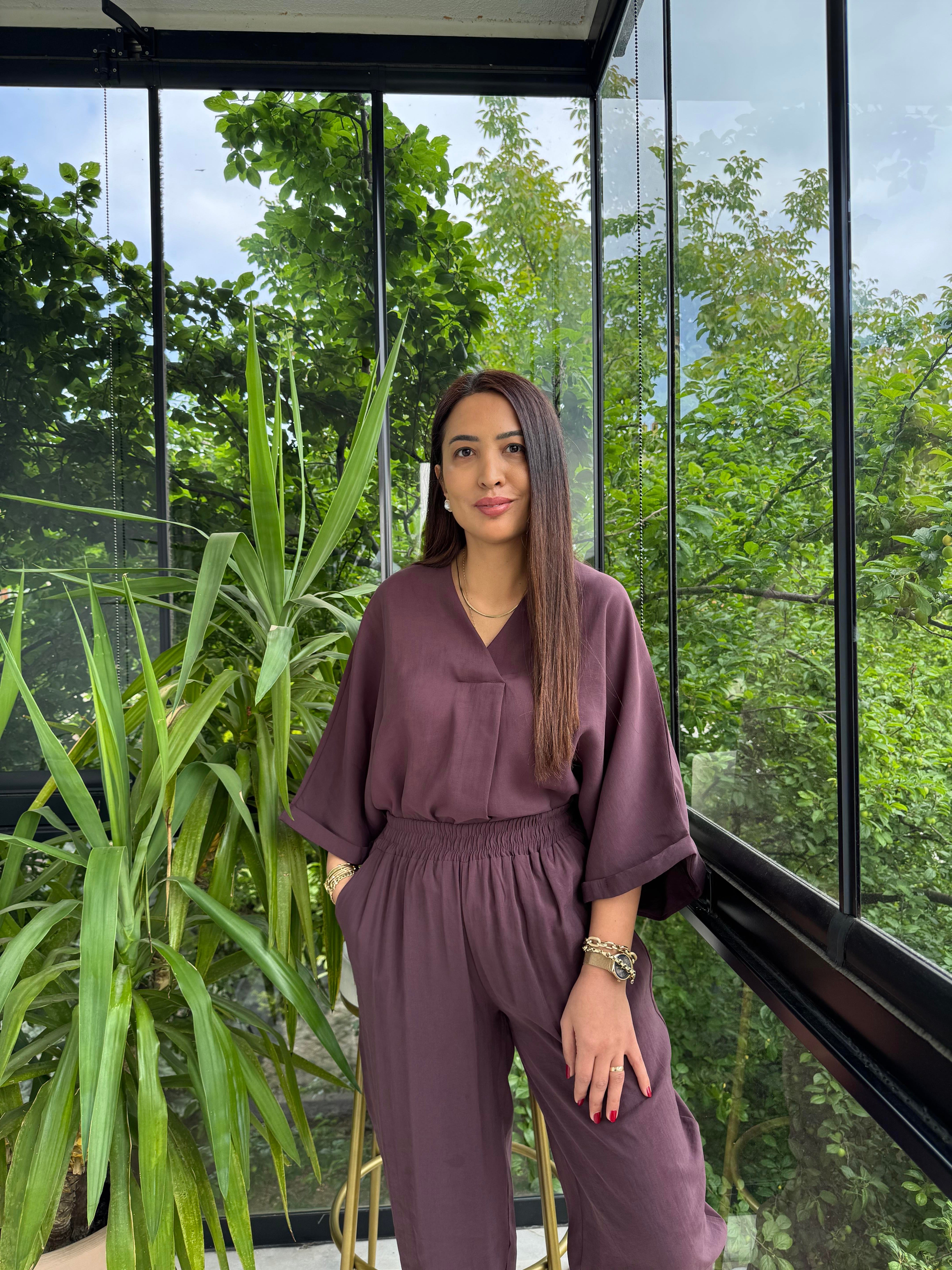 V Yaka Oversize Tensel Takım Mürdüm