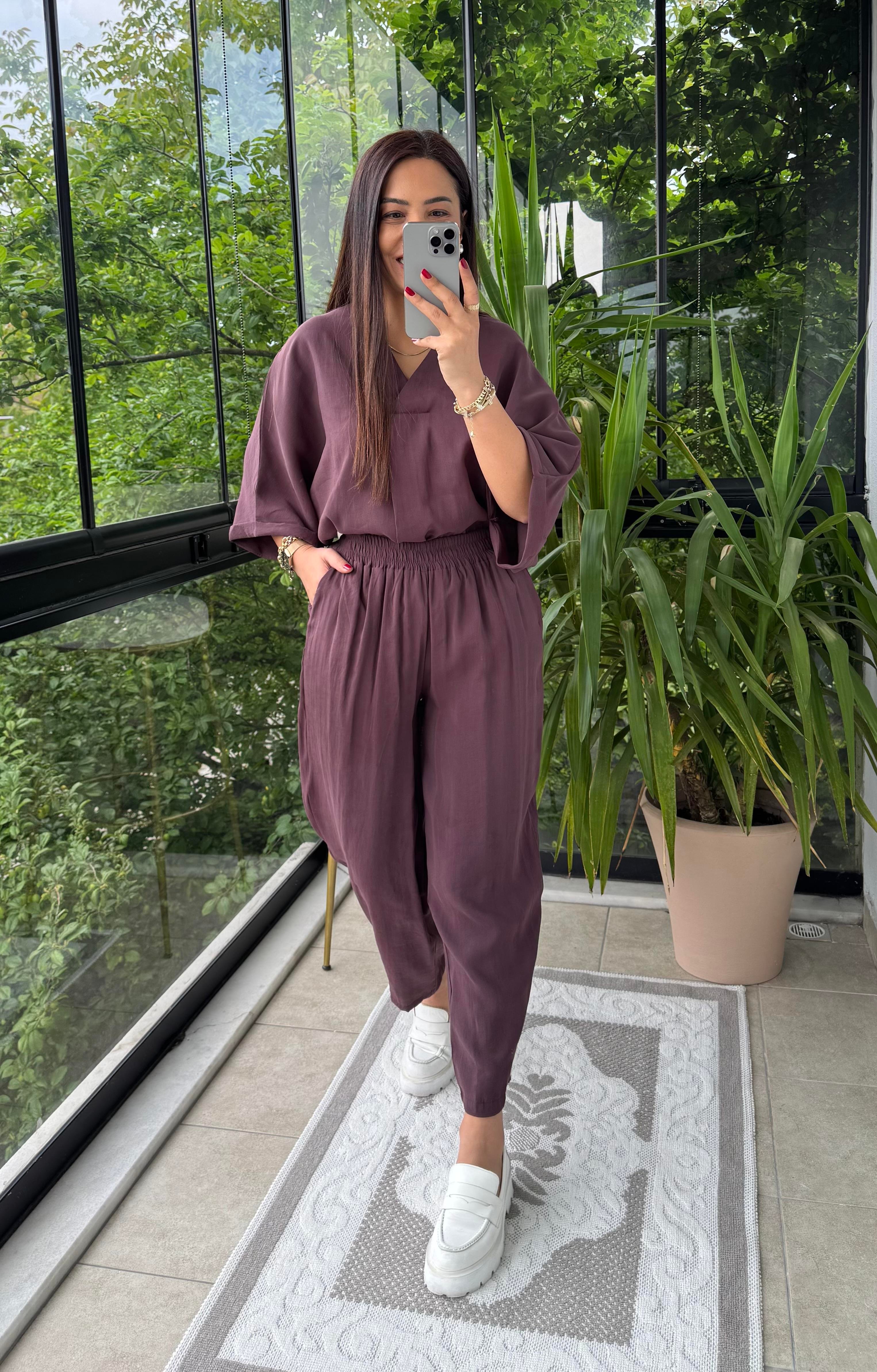 V Yaka Oversize Tensel Takım Mürdüm