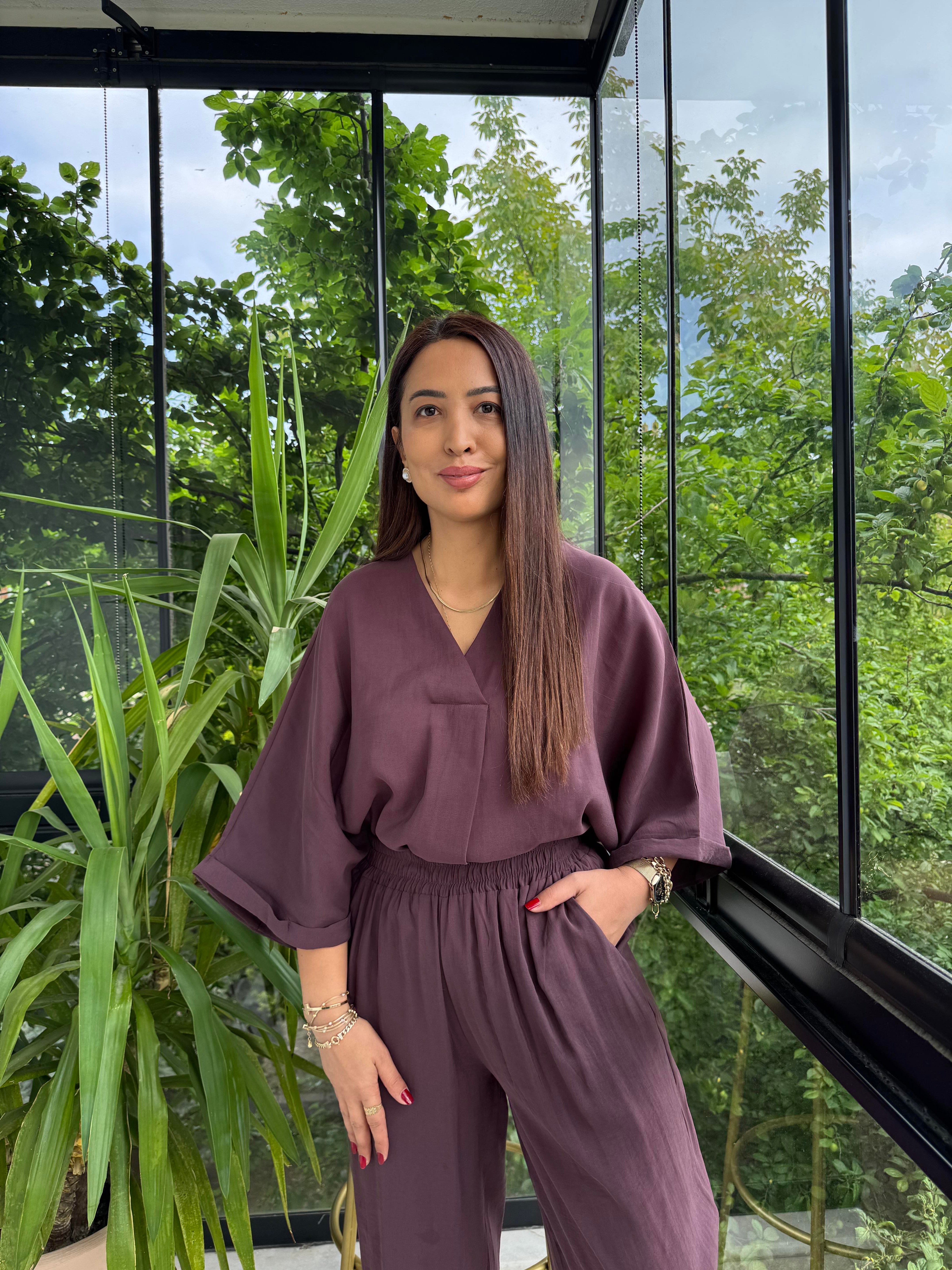 V Yaka Oversize Tensel Takım Mürdüm