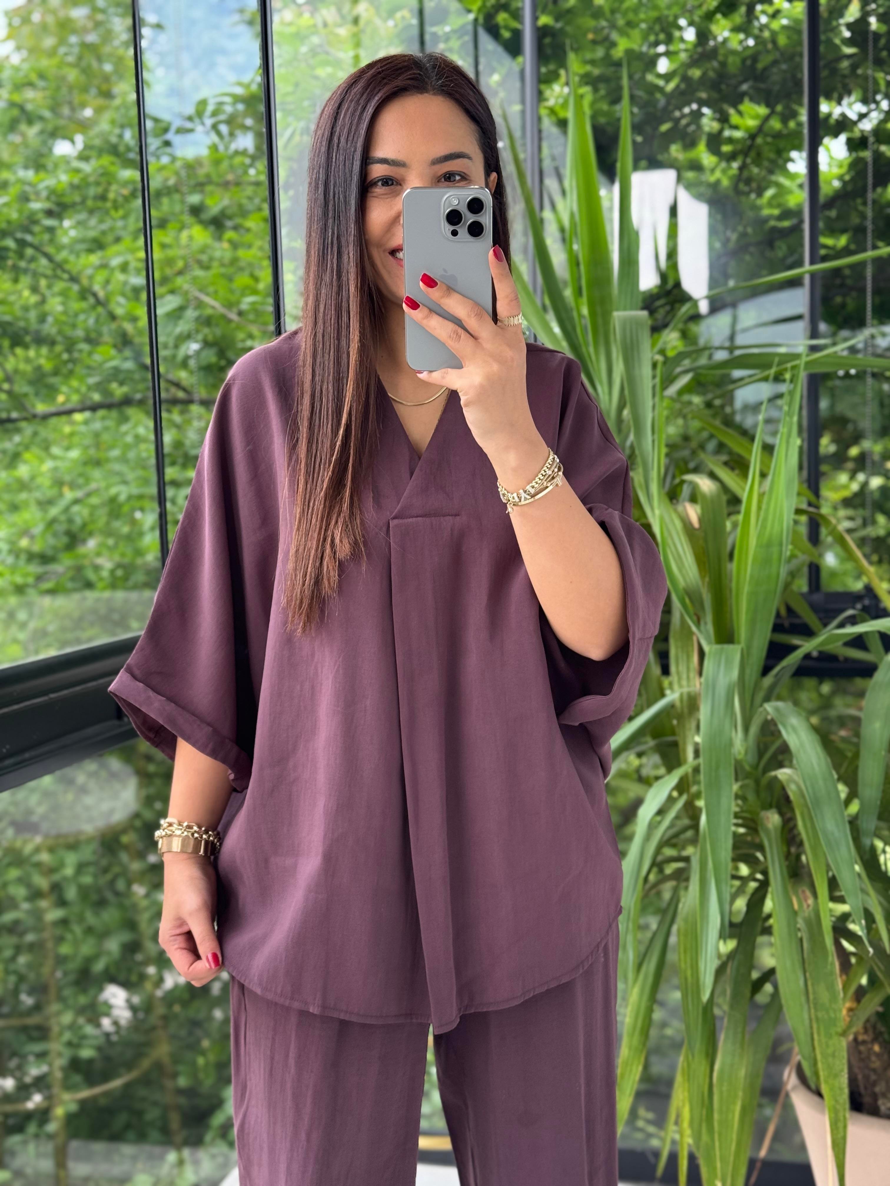 V Yaka Oversize Tensel Takım Mürdüm