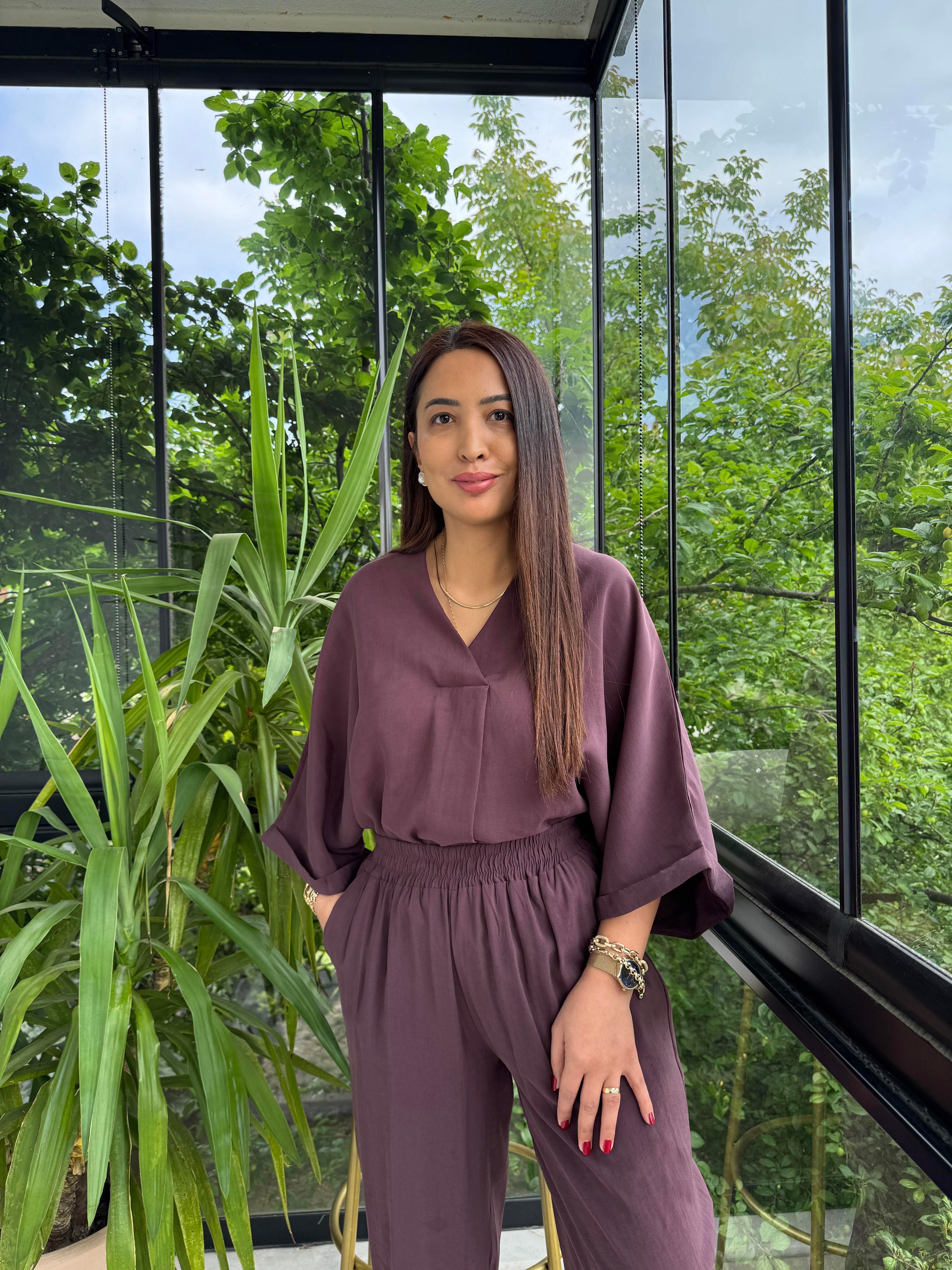 V Yaka Oversize Tensel Takım Mürdüm