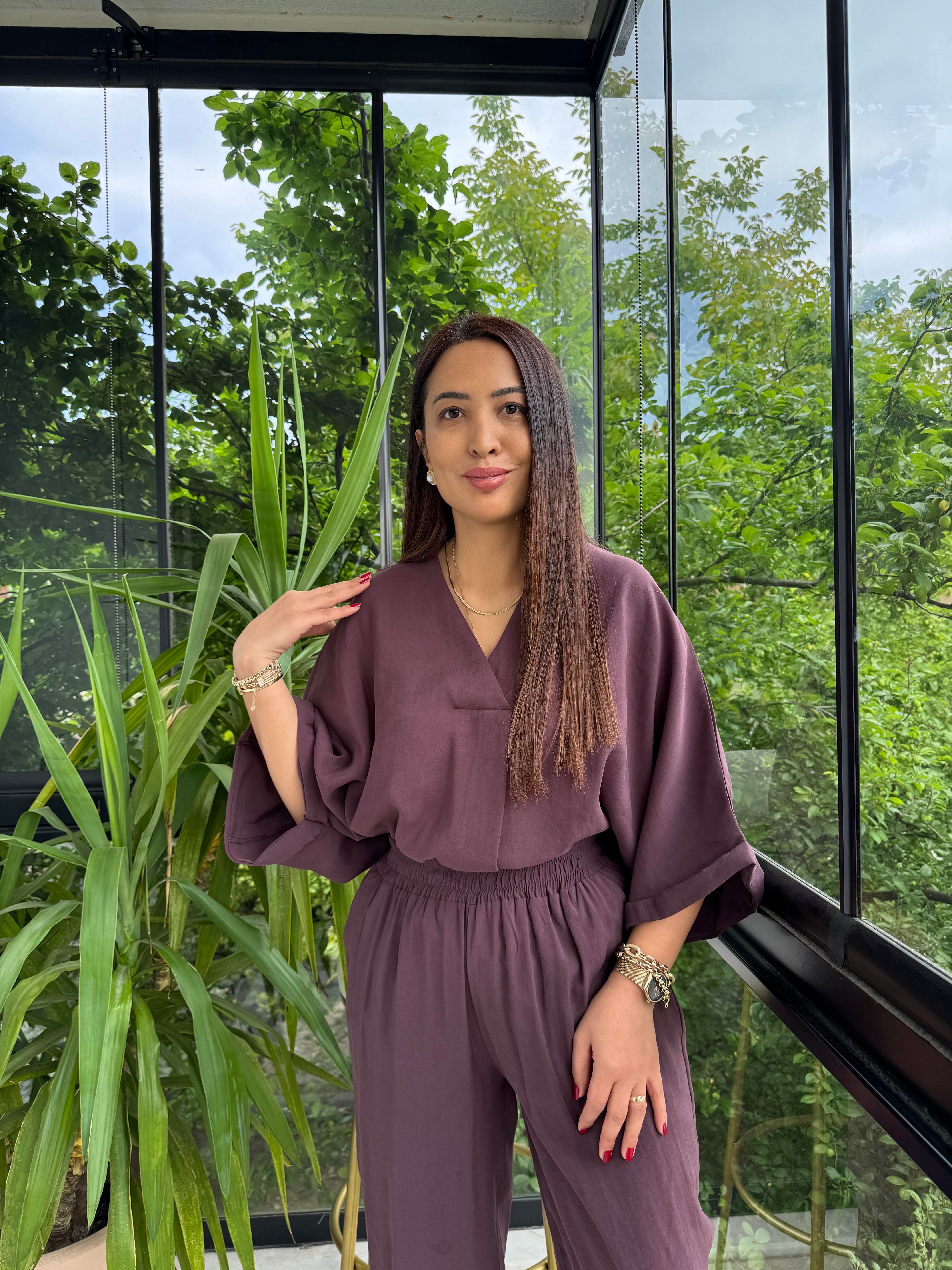 V Yaka Oversize Tensel Takım Mürdüm